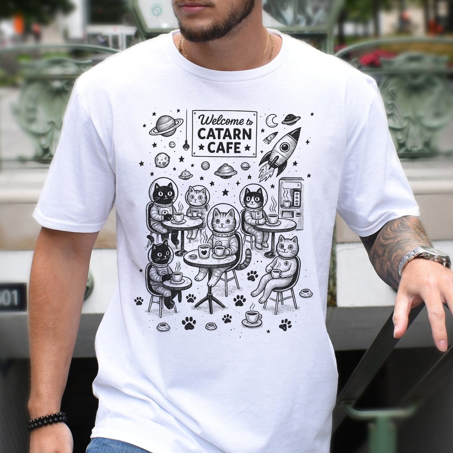 Space Cats Café Funny T-Shirt