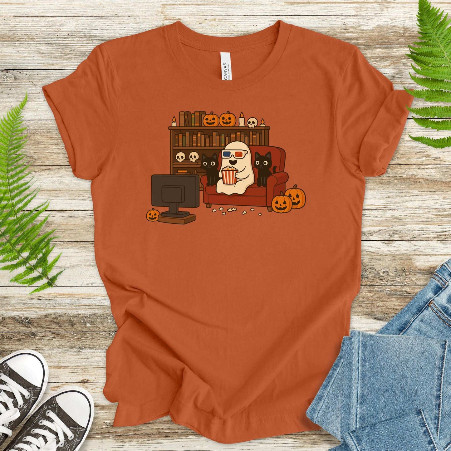 Spooky Movie Night Ghost & Cats T-Shirt – Cozy Halloween Binge-Watch Tee