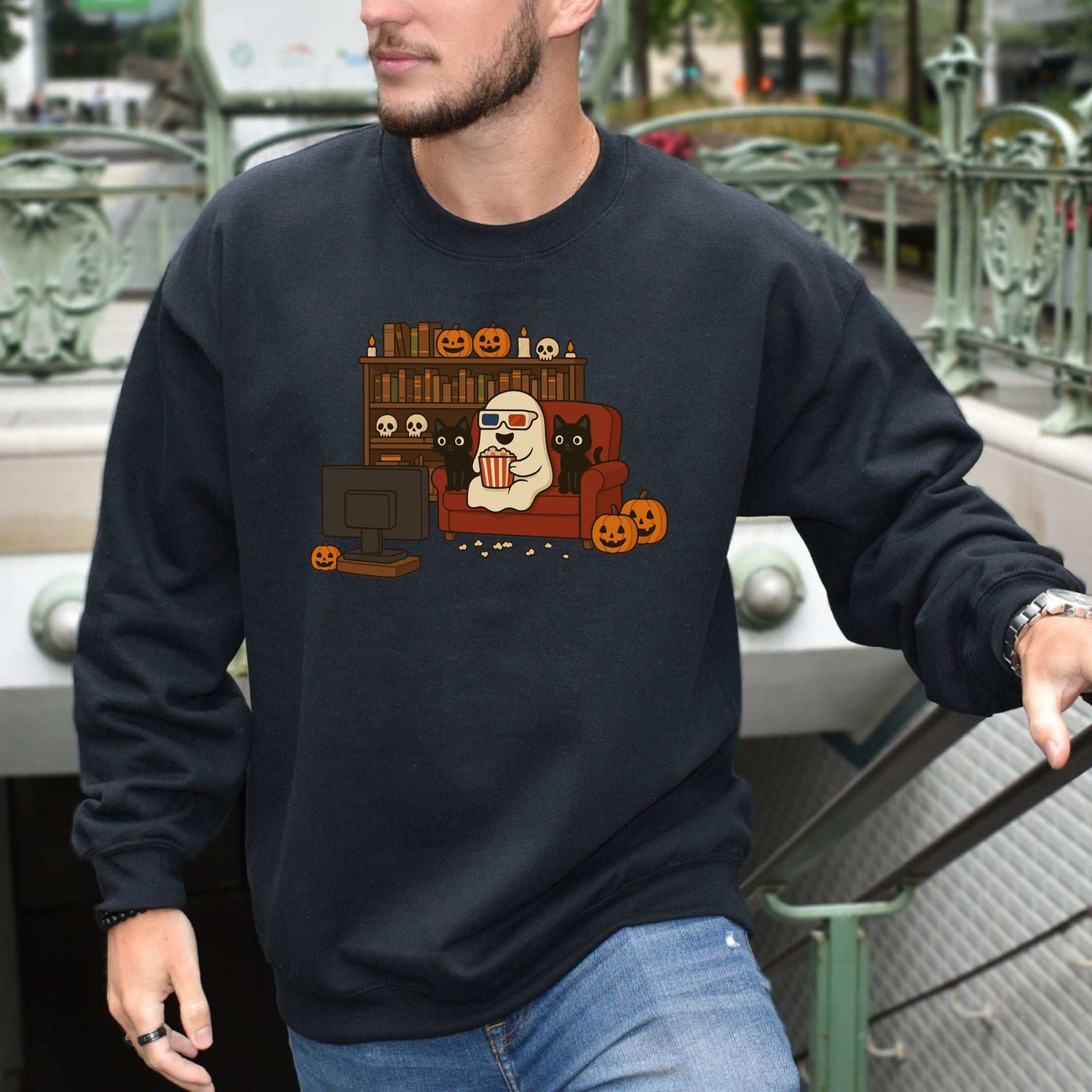 Spooky Movie Night Ghost & Cats Sweatshirt – Cozy Halloween Binge-Watch Vibes