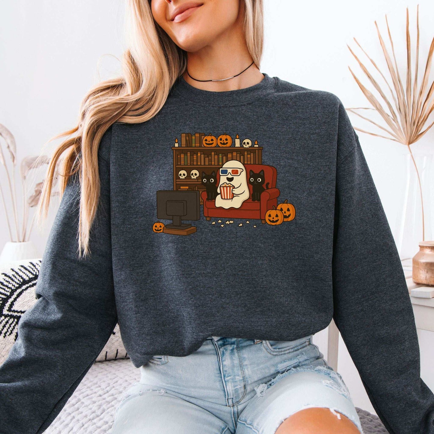Spooky Movie Night Ghost & Cats Sweatshirt – Cozy Halloween Binge-Watch Vibes