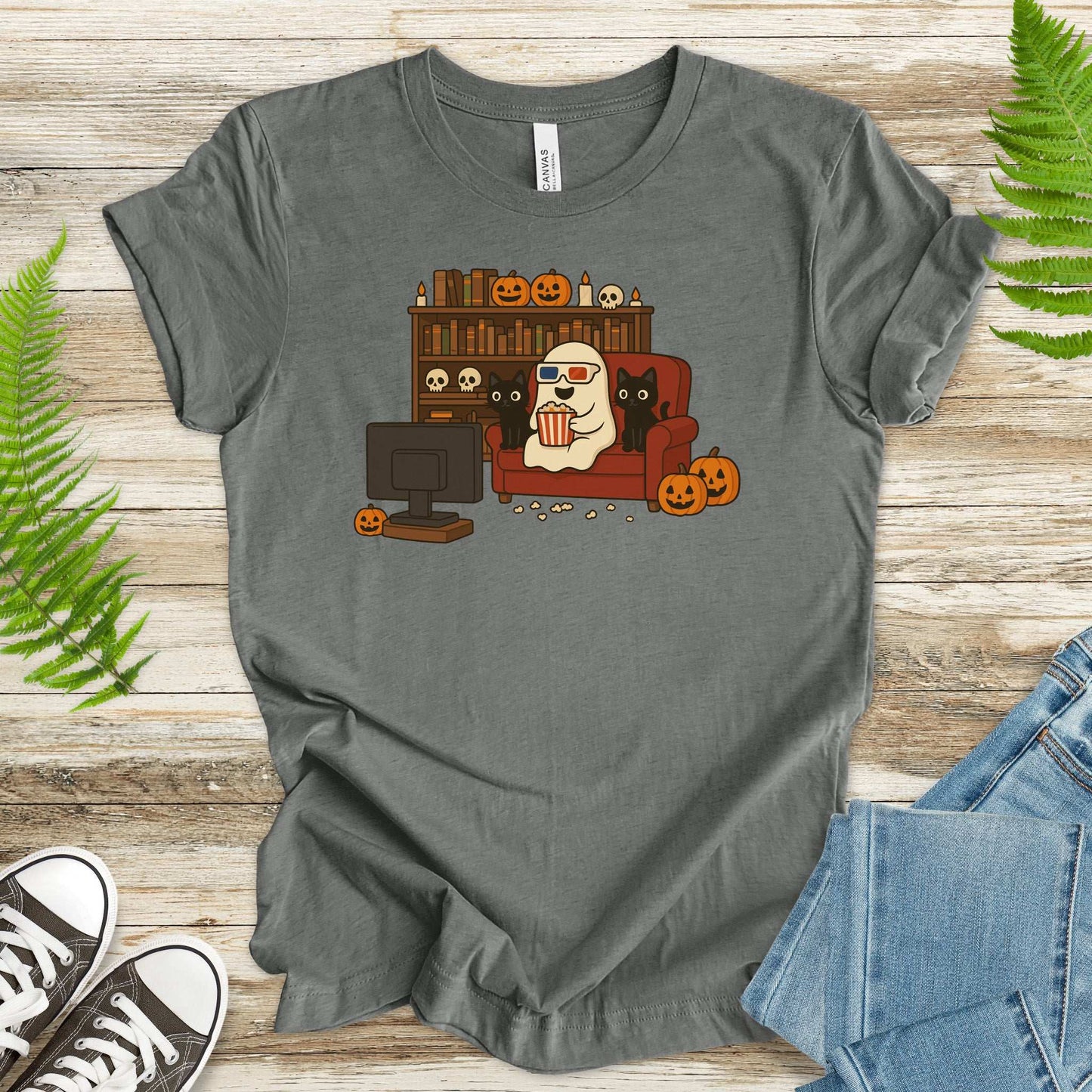 Spooky Movie Night Ghost & Cats T-Shirt – Cozy Halloween Binge-Watch Tee