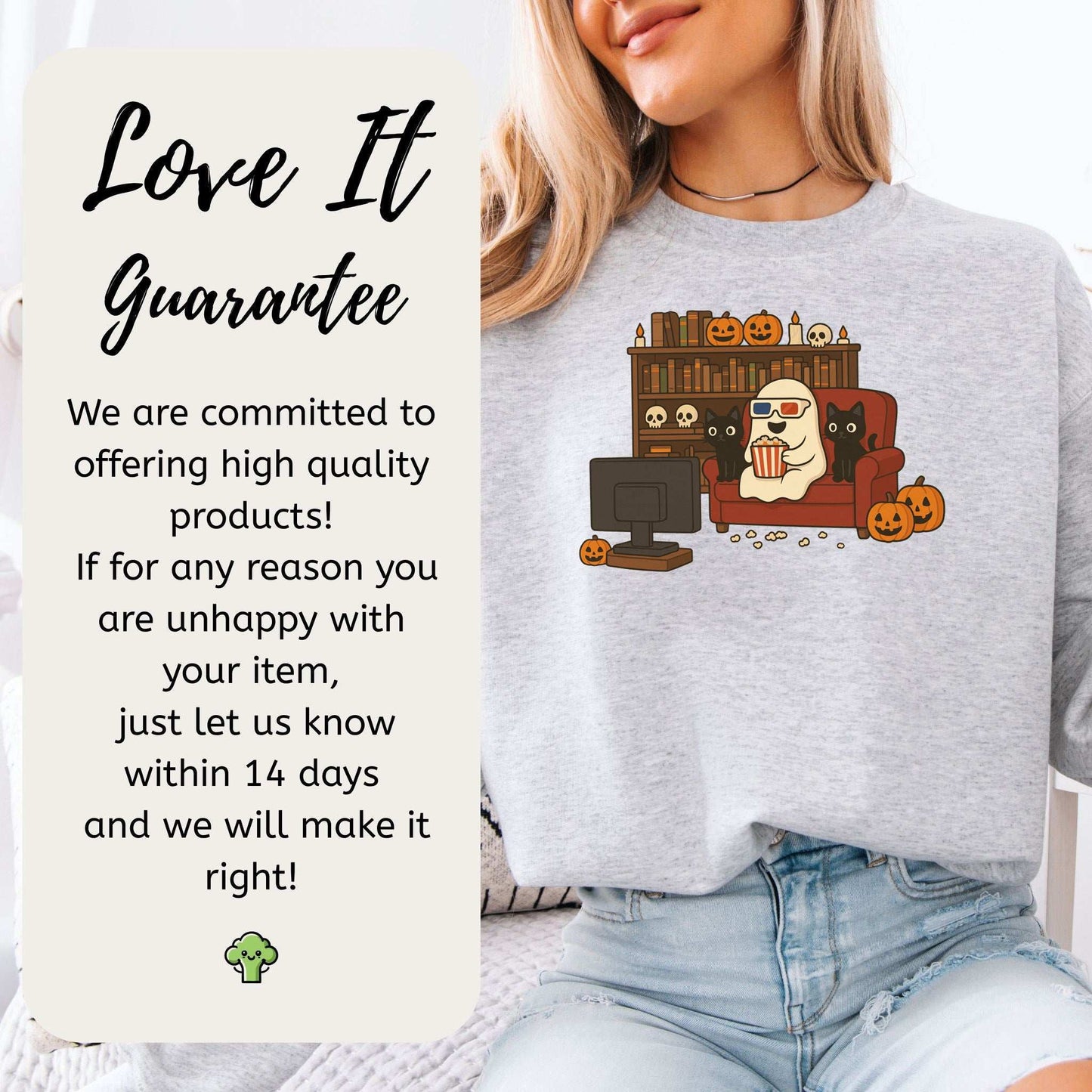 Spooky Movie Night Ghost & Cats Sweatshirt – Cozy Halloween Binge-Watch Vibes