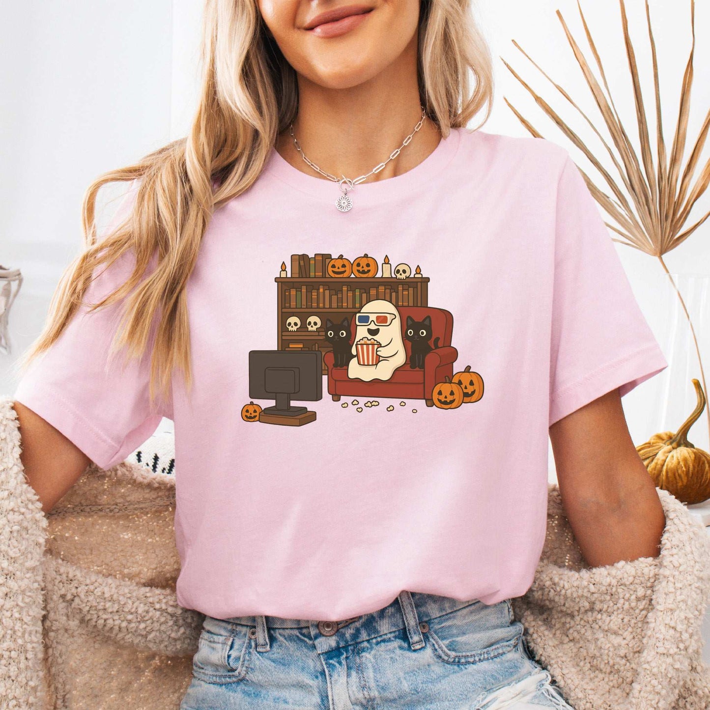Spooky Movie Night Ghost & Cats T-Shirt – Cozy Halloween Binge-Watch Tee