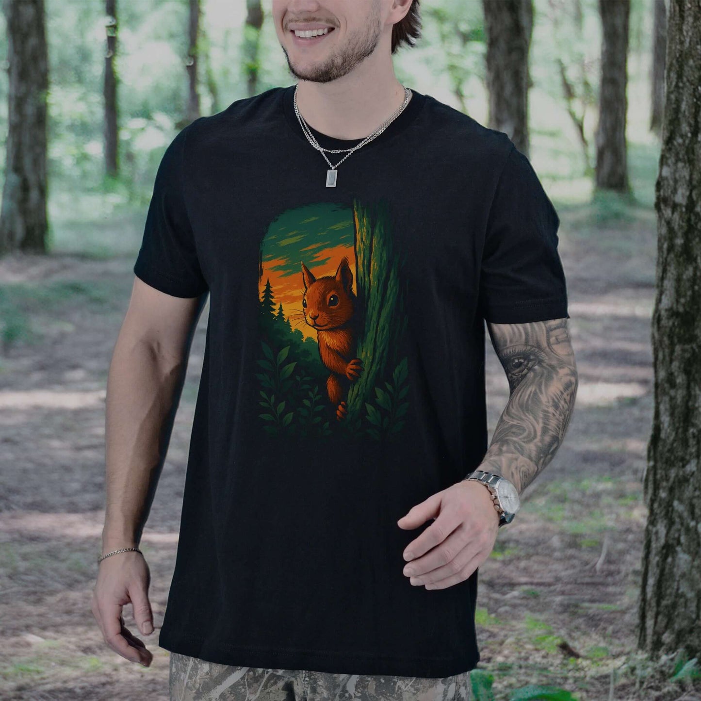 Squirrel Peeking in Forest T-Shirt – Spirit Animal of Playfulness