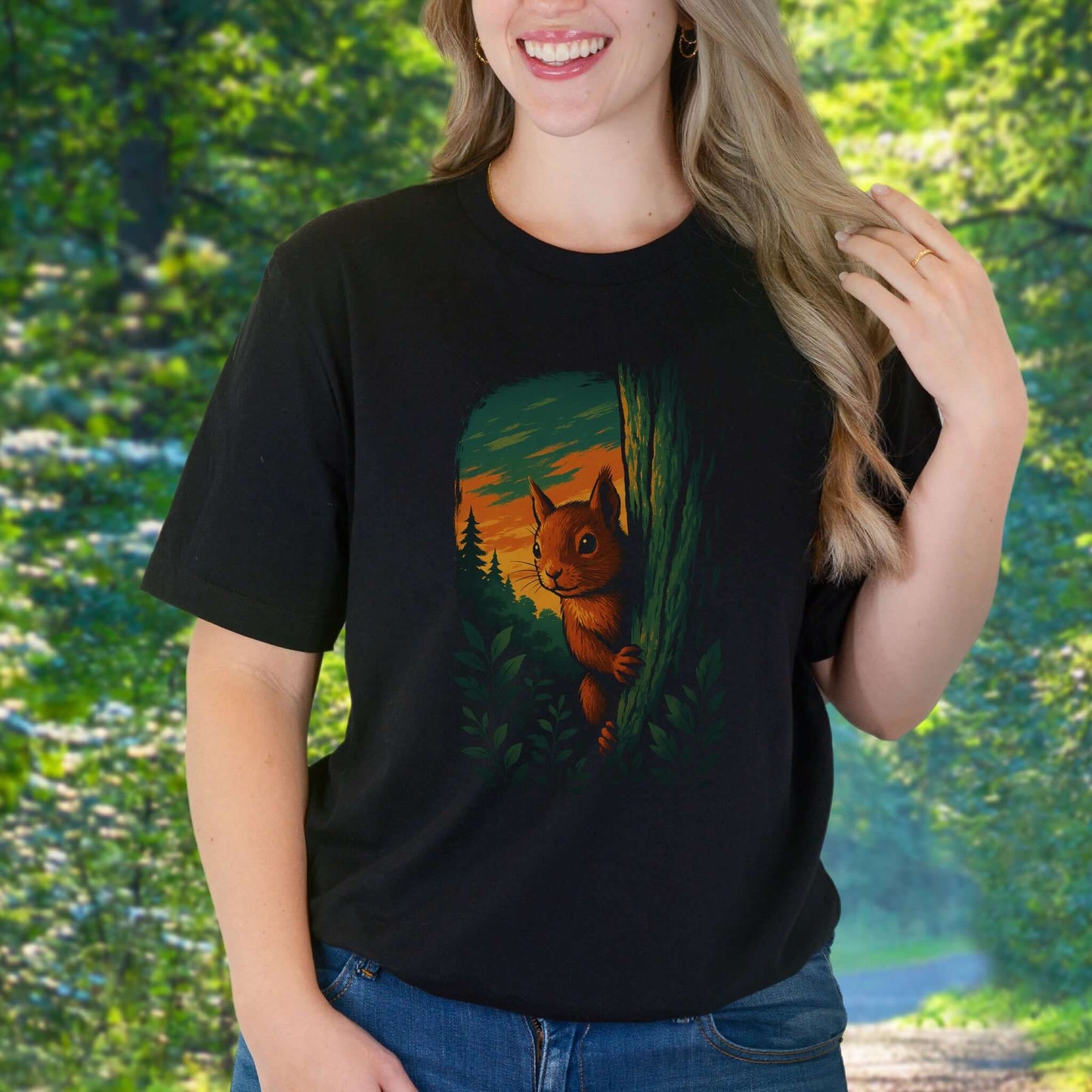 Squirrel Peeking in Forest T-Shirt – Spirit Animal of Playfulness