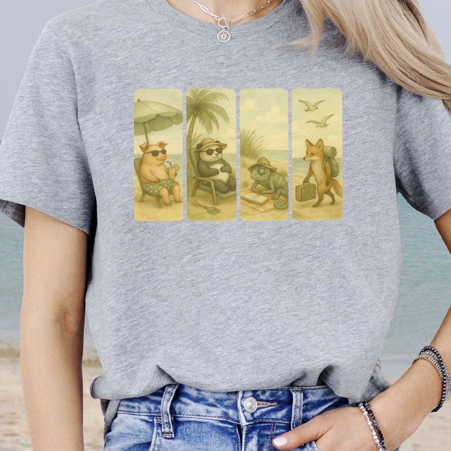 Beach Animal Strips T-Shirt – Cute Panda, Fox, Pig & Chameleon Vacation Tee