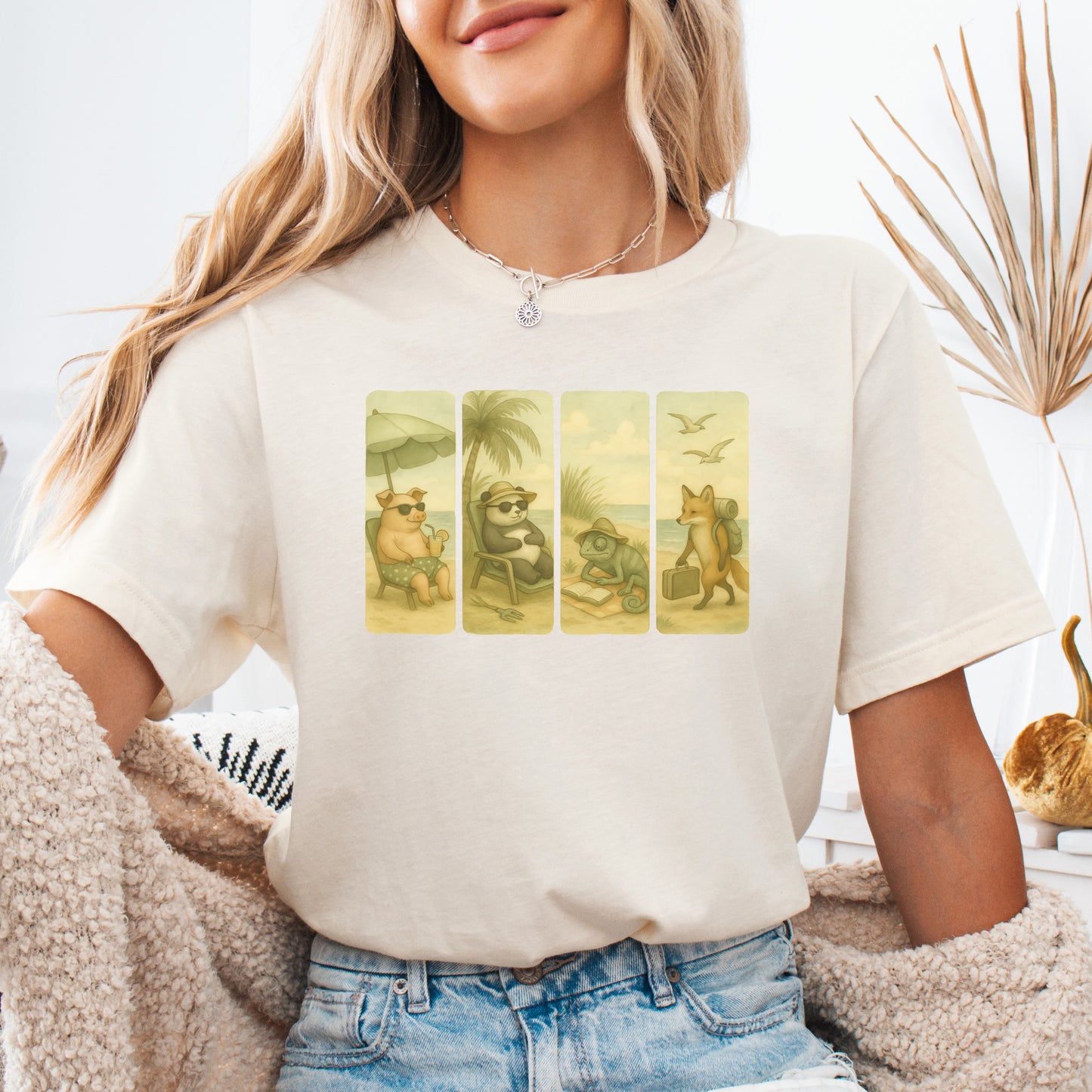 Beach Animal Strips T-Shirt – Cute Panda, Fox, Pig & Chameleon Vacation Tee