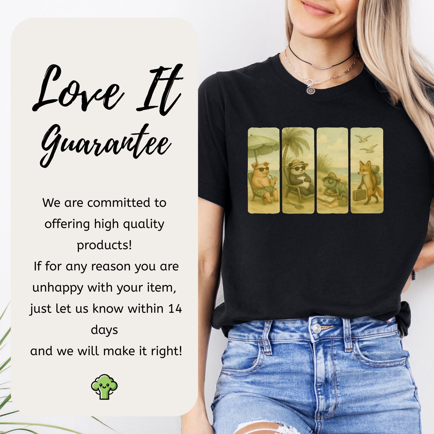 Beach Animal Strips T-Shirt – Cute Panda, Fox, Pig & Chameleon Vacation Tee