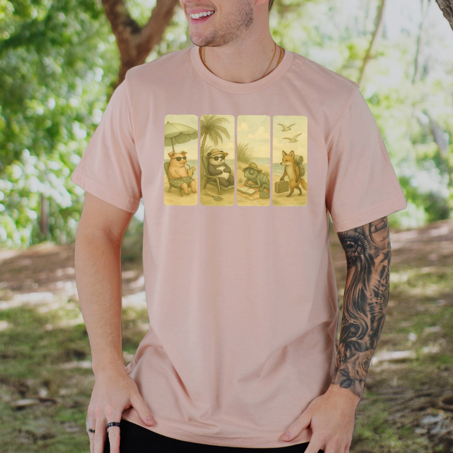 Beach Animal Strips T-Shirt – Cute Panda, Fox, Pig & Chameleon Vacation Tee