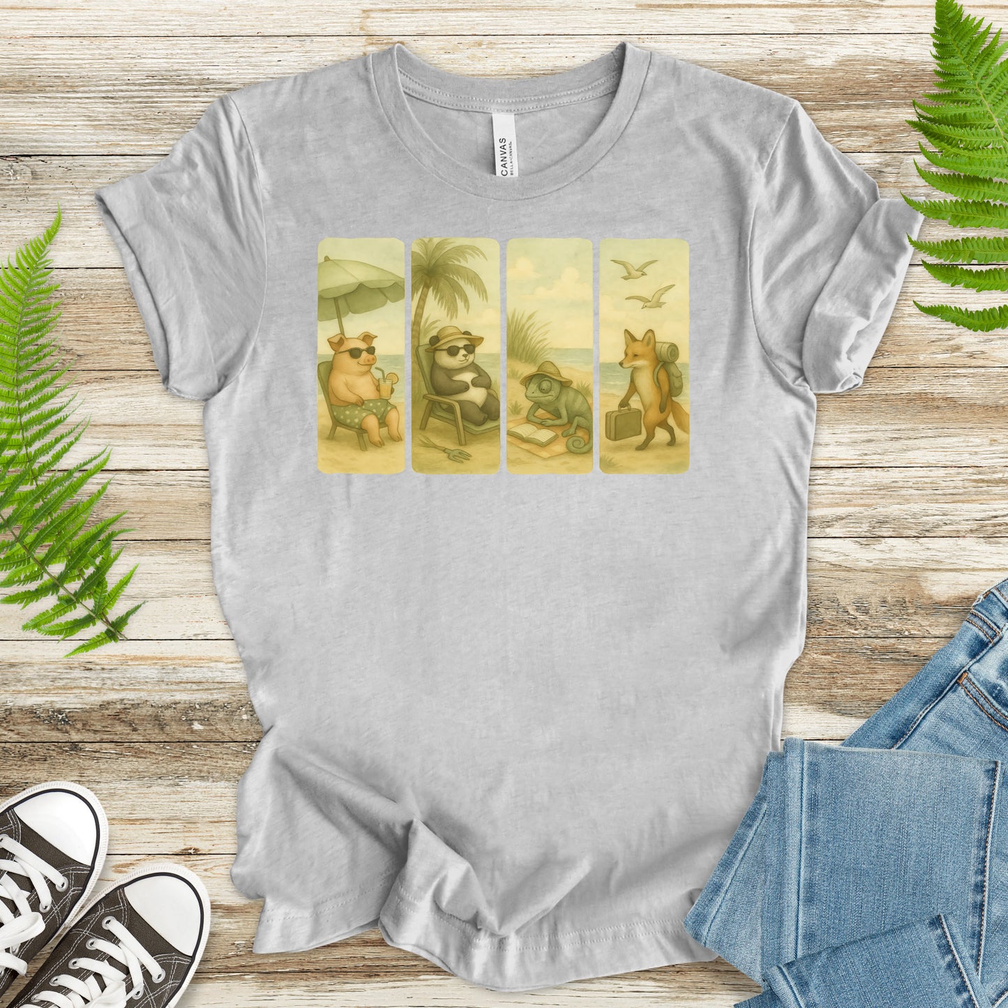 Beach Animal Strips T-Shirt – Cute Panda, Fox, Pig & Chameleon Vacation Tee