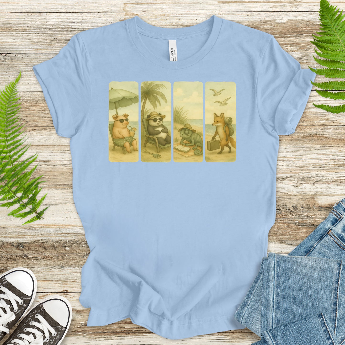 Beach Animal Strips T-Shirt – Cute Panda, Fox, Pig & Chameleon Vacation Tee