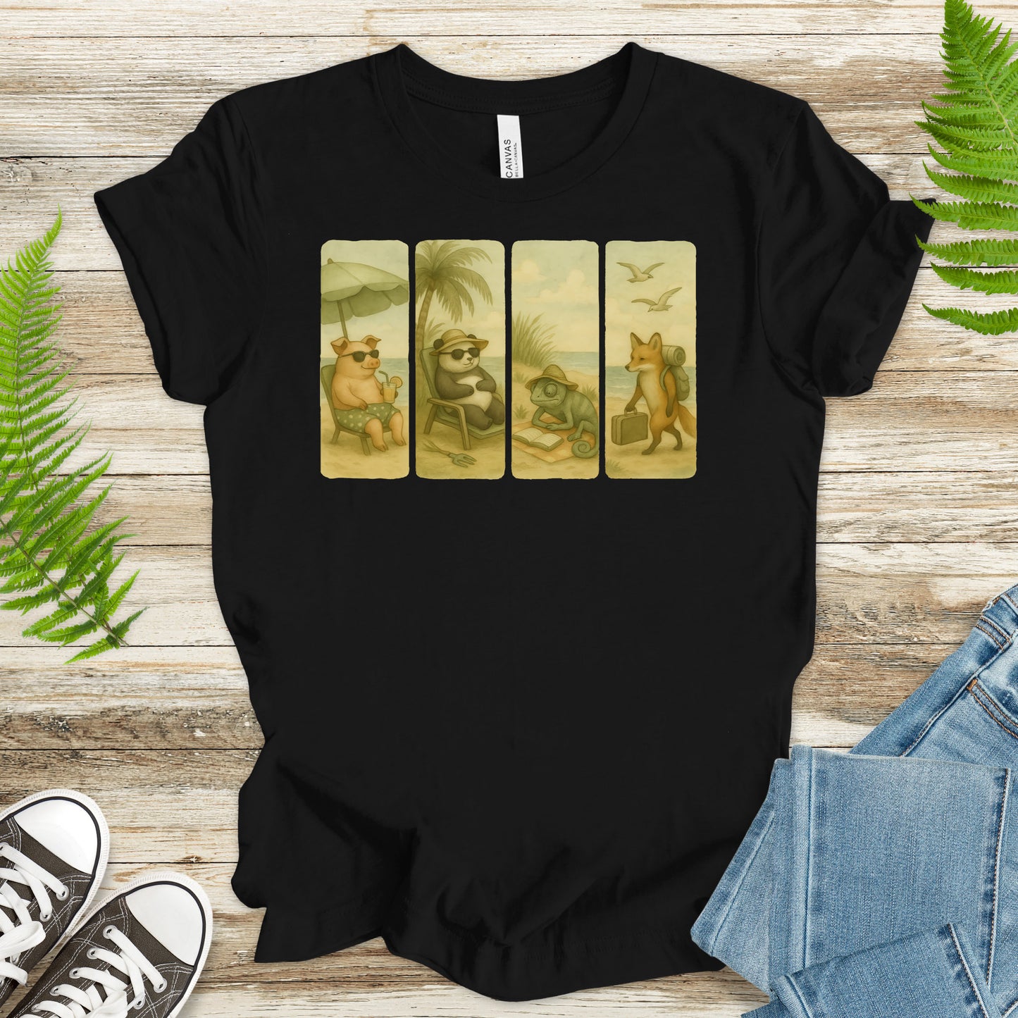 Beach Animal Strips T-Shirt – Cute Panda, Fox, Pig & Chameleon Vacation Tee