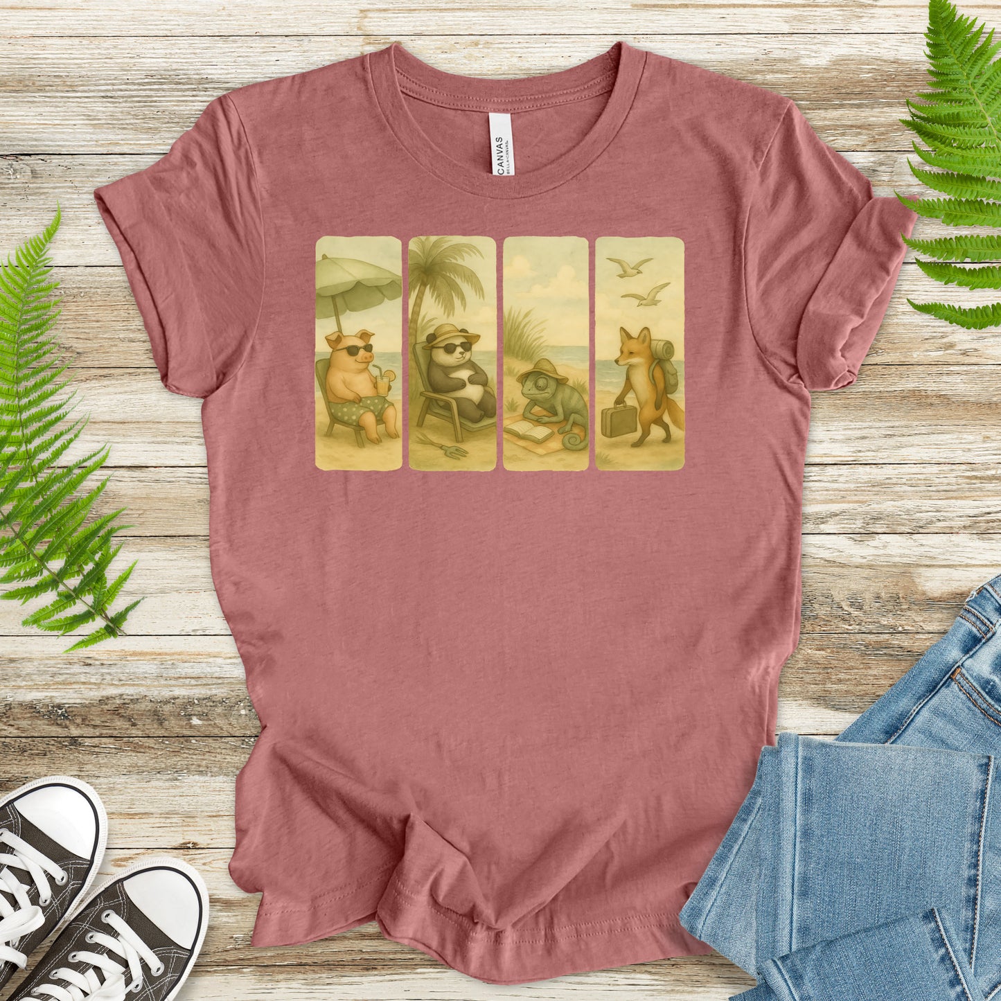 Beach Animal Strips T-Shirt – Cute Panda, Fox, Pig & Chameleon Vacation Tee