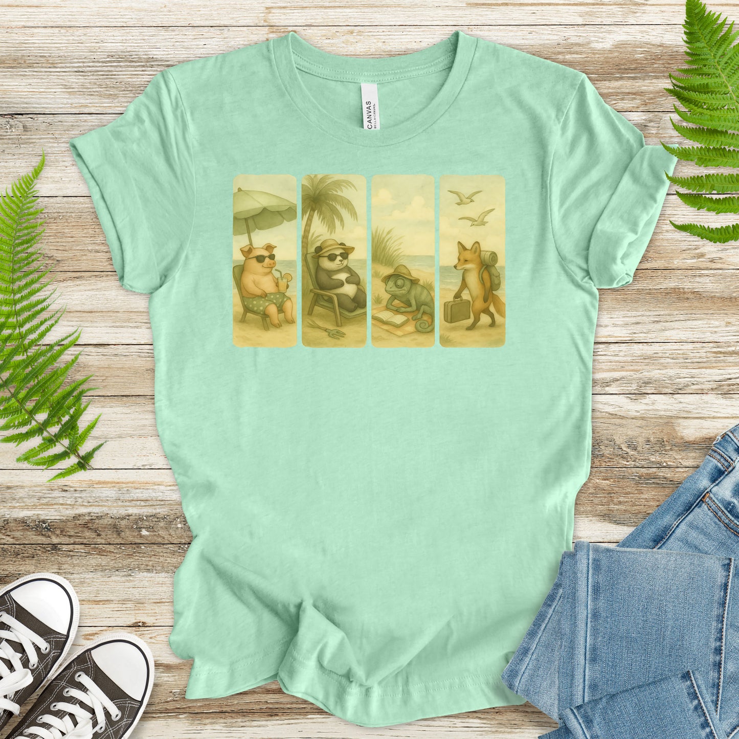 Beach Animal Strips T-Shirt – Cute Panda, Fox, Pig & Chameleon Vacation Tee