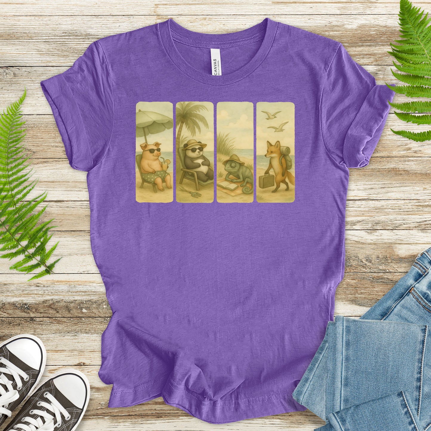 Beach Animal Strips T-Shirt – Cute Panda, Fox, Pig & Chameleon Vacation Tee