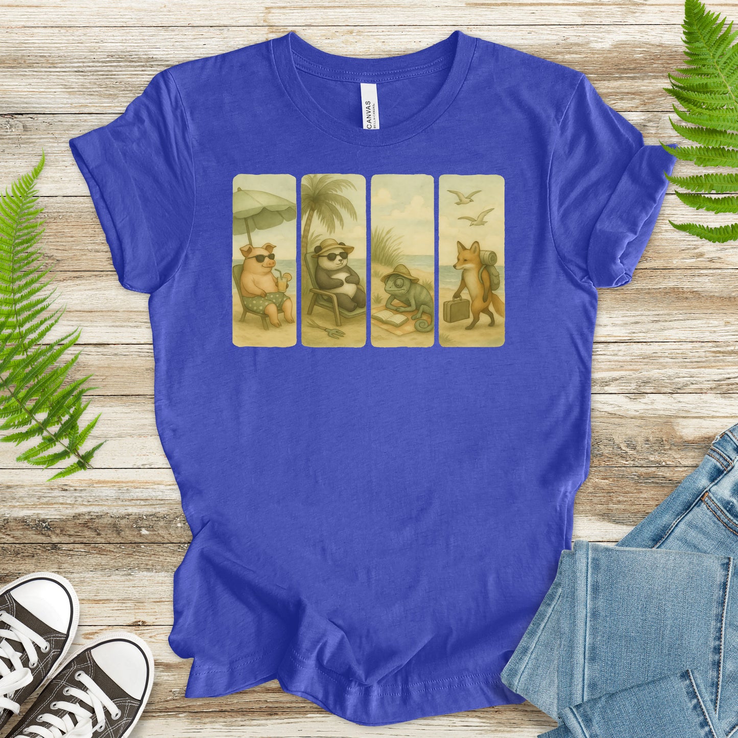 Beach Animal Strips T-Shirt – Cute Panda, Fox, Pig & Chameleon Vacation Tee
