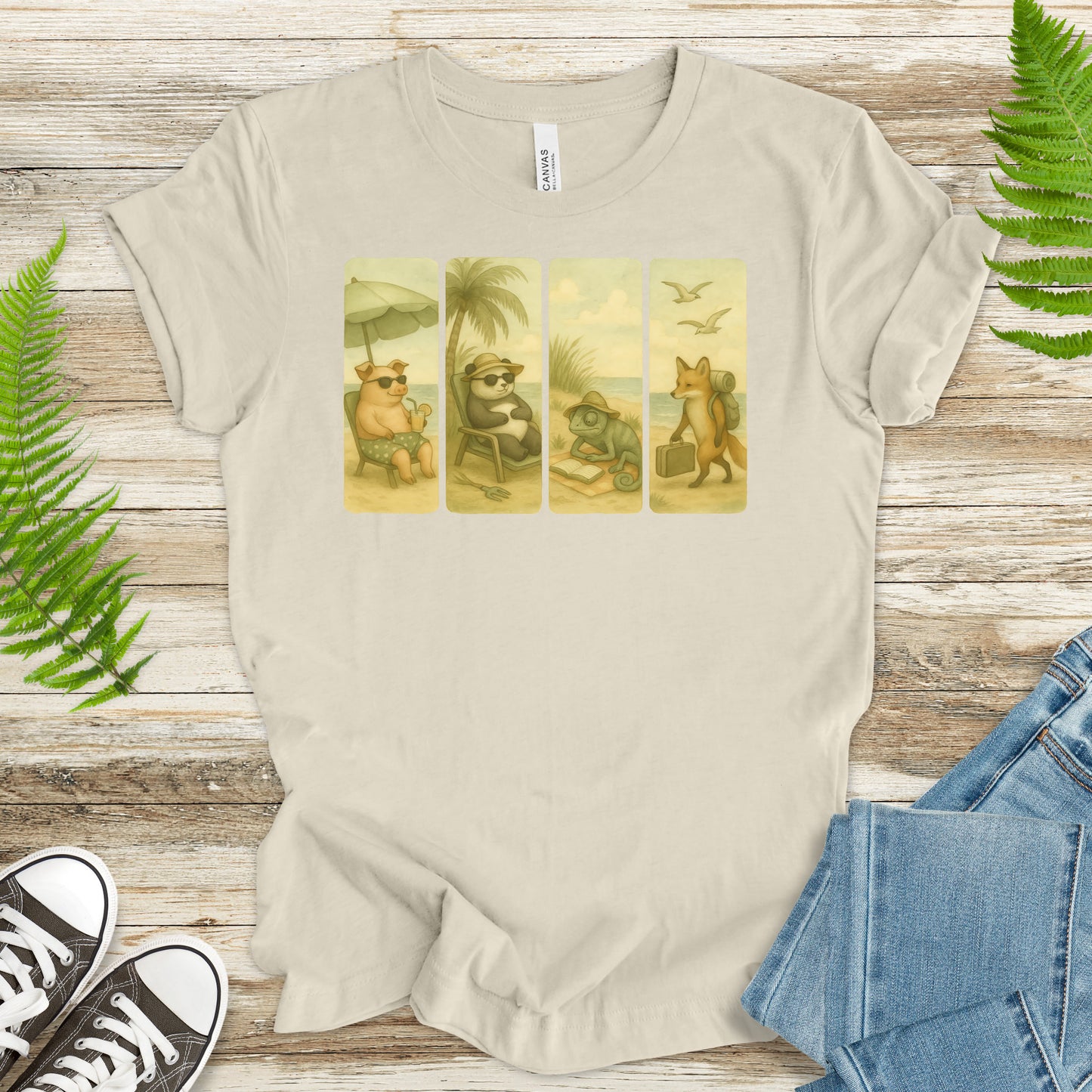Beach Animal Strips T-Shirt – Cute Panda, Fox, Pig & Chameleon Vacation Tee