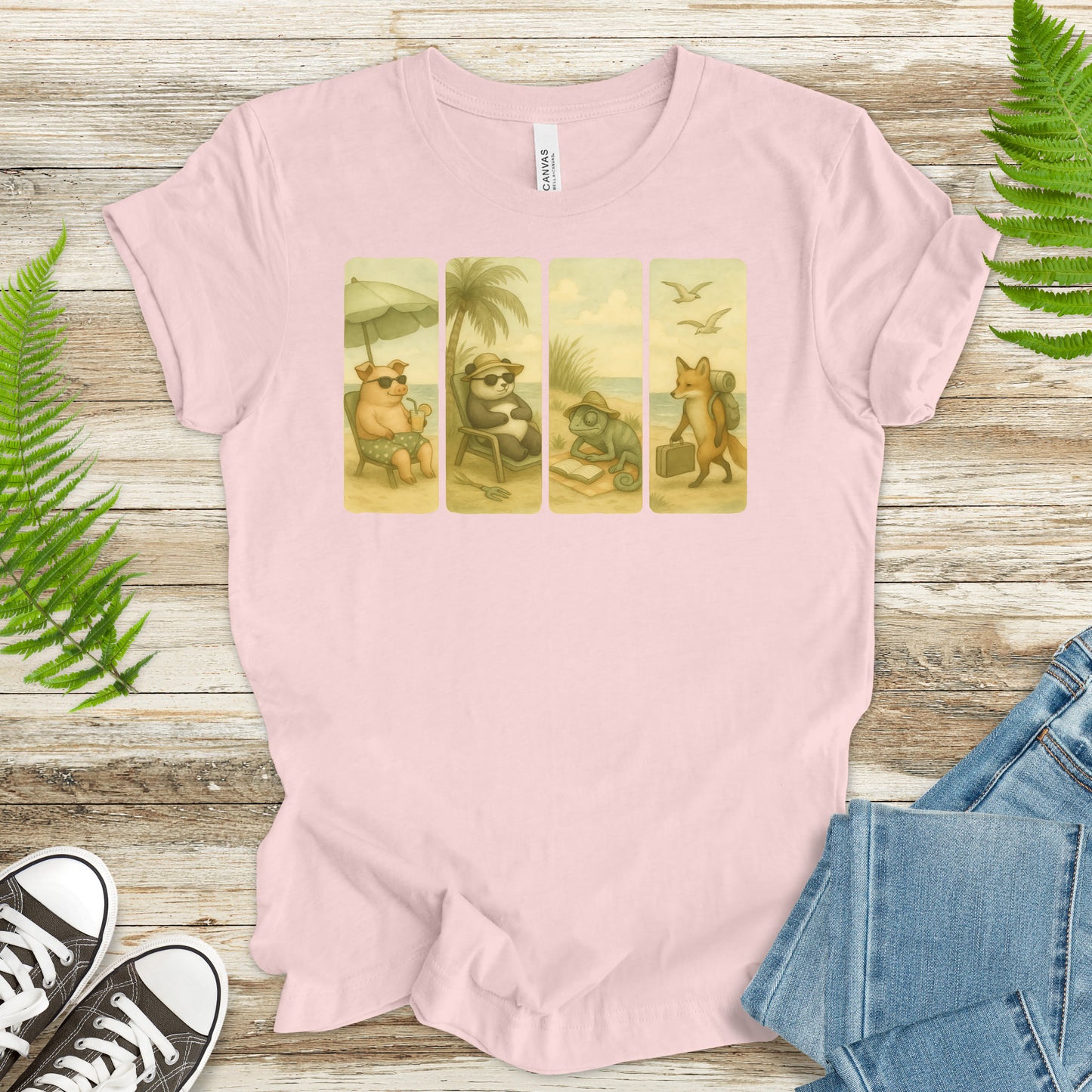 Beach Animal Strips T-Shirt – Cute Panda, Fox, Pig & Chameleon Vacation Tee