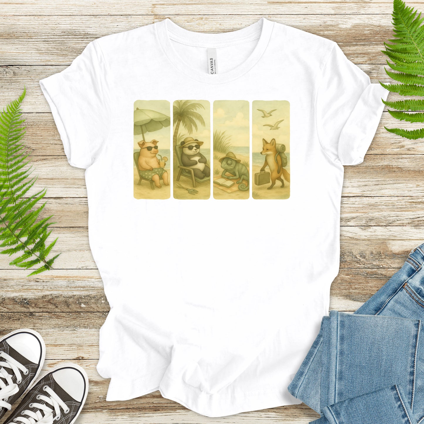 Beach Animal Strips T-Shirt – Cute Panda, Fox, Pig & Chameleon Vacation Tee