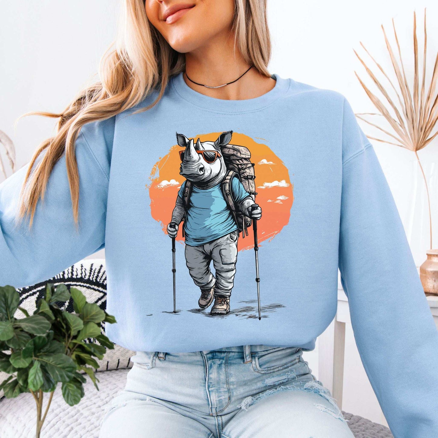 Sunset Hike with Rhino Sweatshirt – Bold Trekker with a Wild Sense of Humor