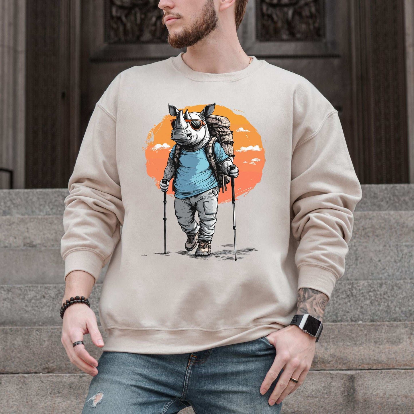 Sunset Hike with Rhino Sweatshirt – Bold Trekker with a Wild Sense of Humor