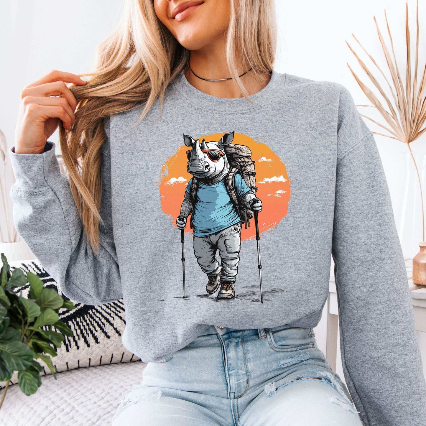 Sunset Hike with Rhino Sweatshirt – Bold Trekker with a Wild Sense of Humor