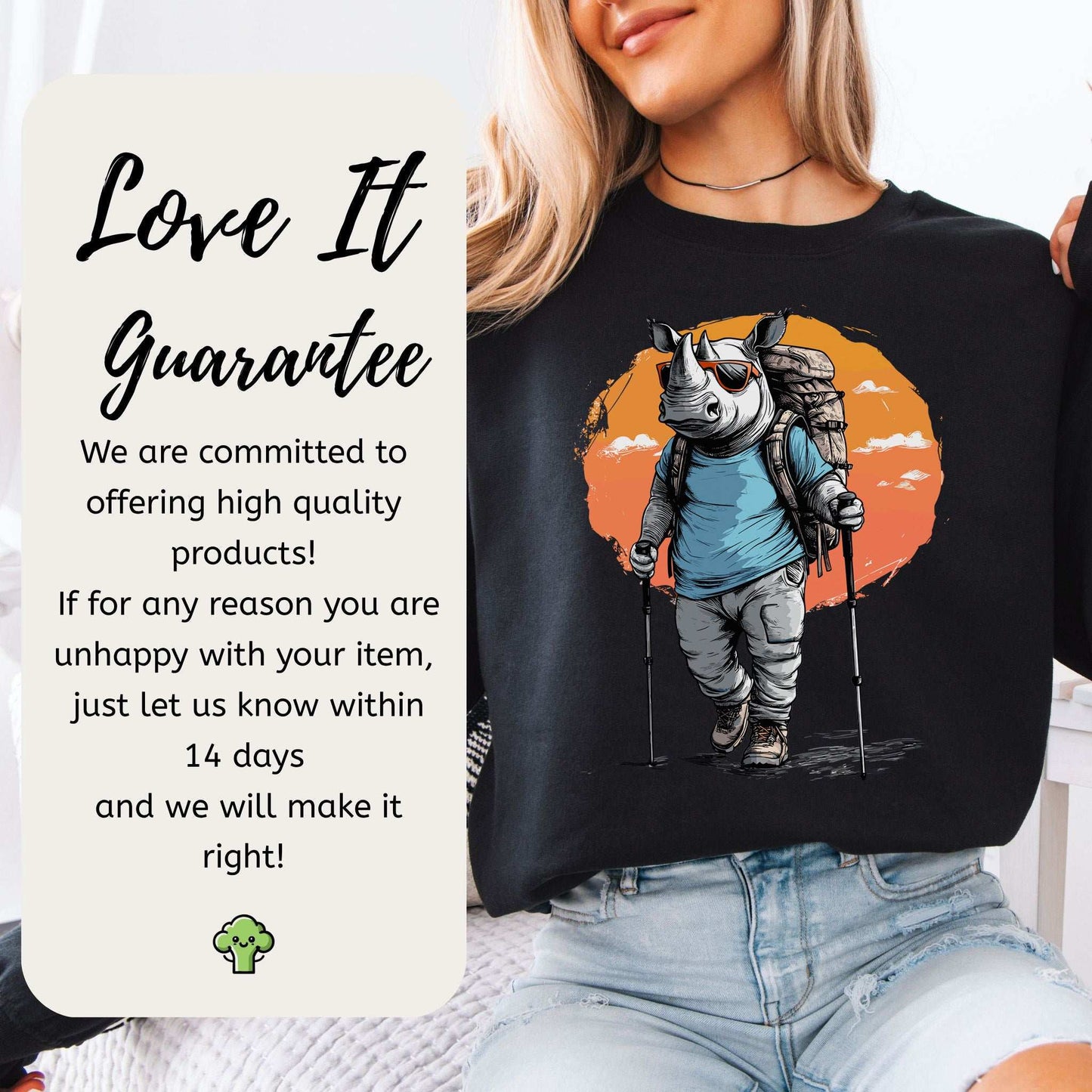 Sunset Hike with Rhino Sweatshirt – Bold Trekker with a Wild Sense of Humor