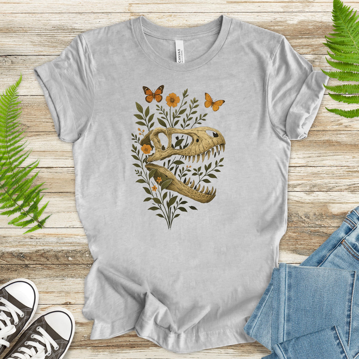 T-Rex Skull with Flowers & Butterflies T-Shirt – Vintage Dino Lover Tee