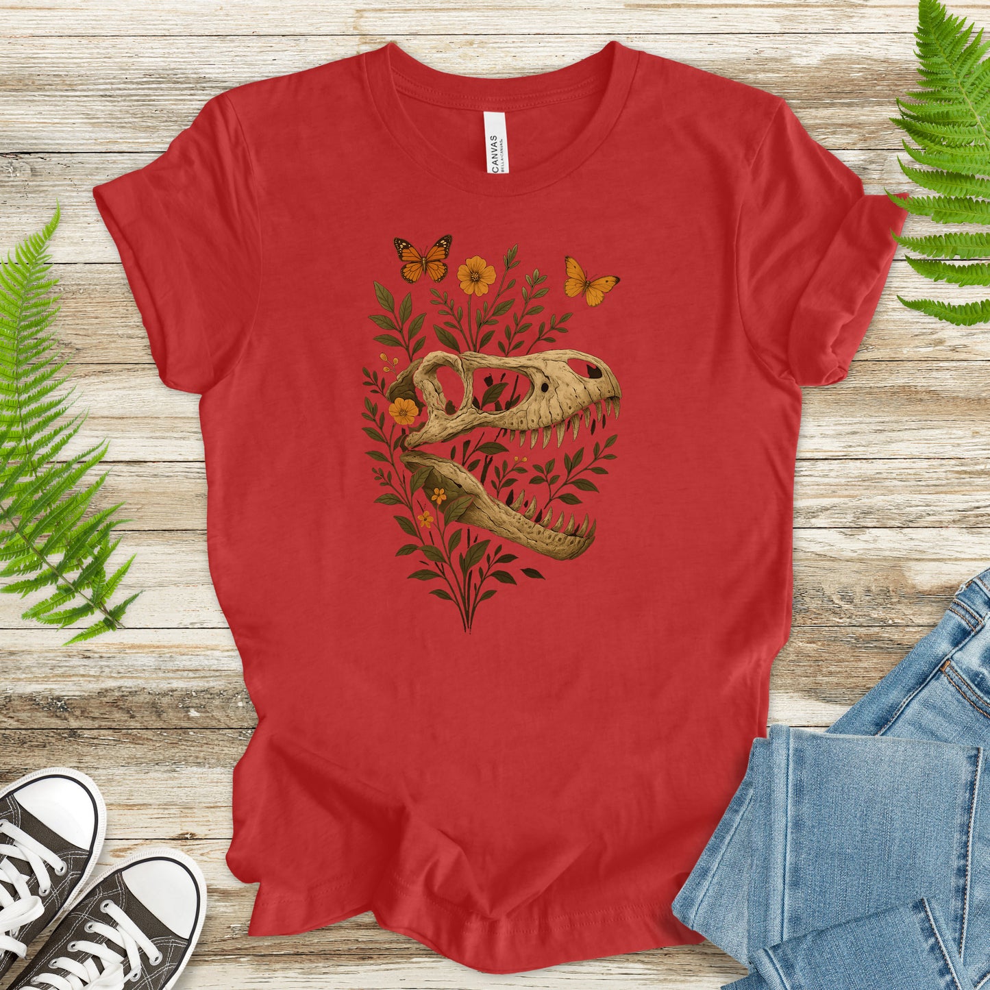 T-Rex Skull with Flowers & Butterflies T-Shirt – Vintage Dino Lover Tee