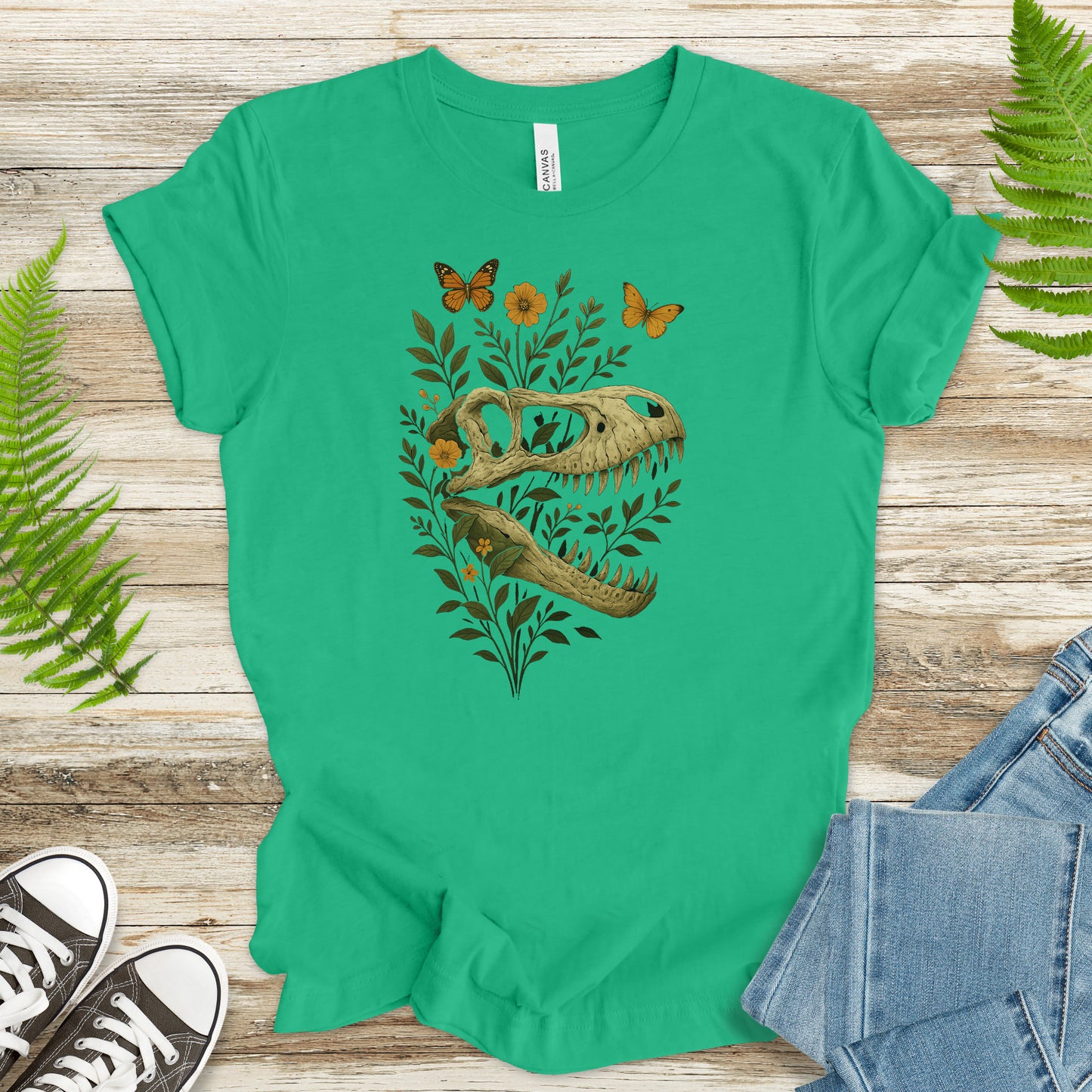 T-Rex Skull with Flowers & Butterflies T-Shirt – Vintage Dino Lover Tee