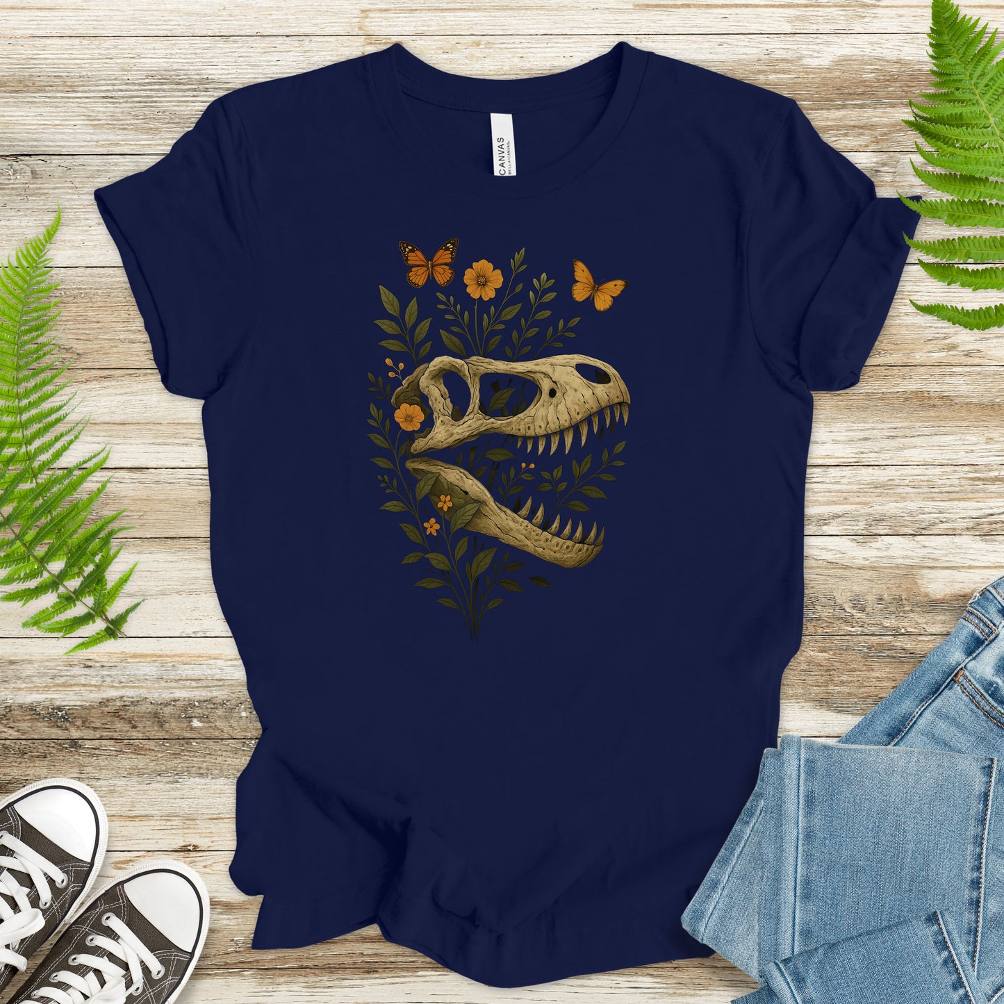 T-Rex Skull with Flowers & Butterflies T-Shirt – Vintage Dino Lover Tee
