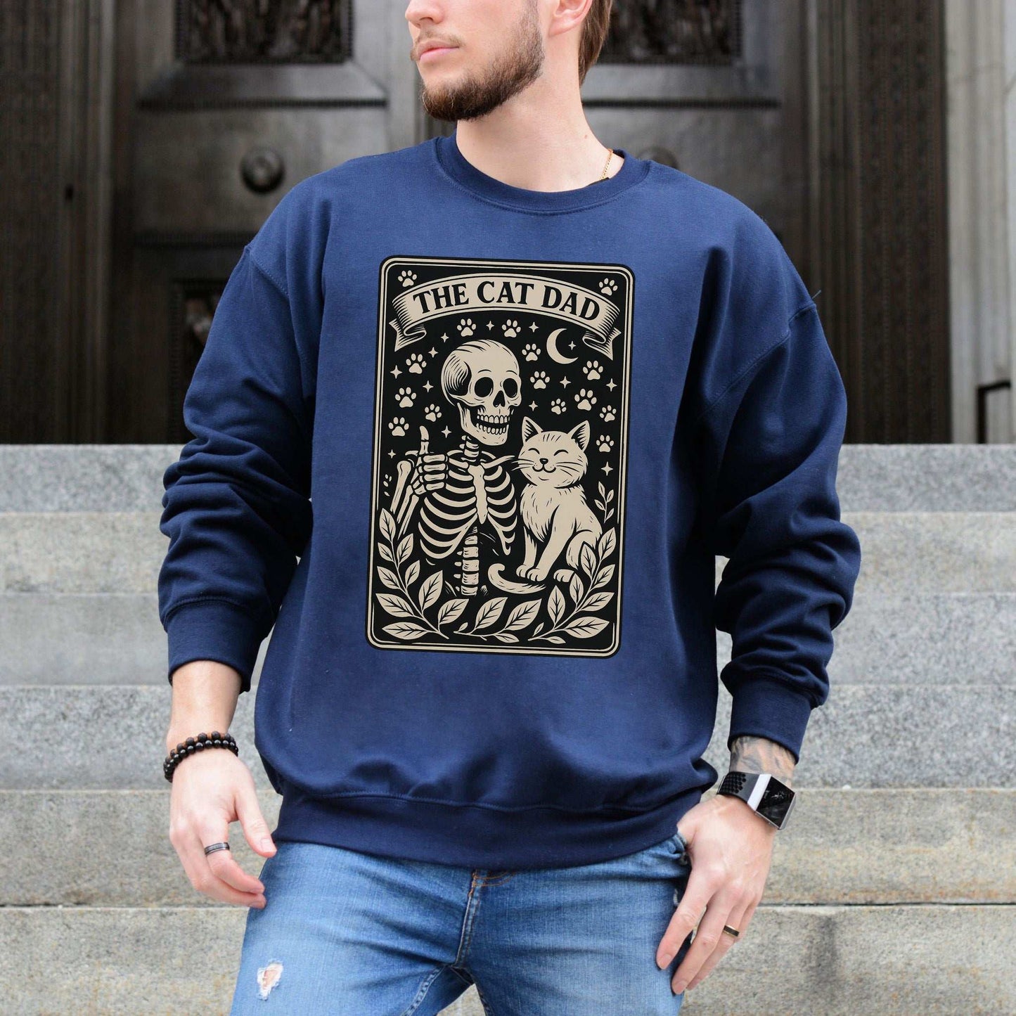 Cat Dad Skeleton Tarot Sweatshirt – Spooky Cute for Cat Lovers