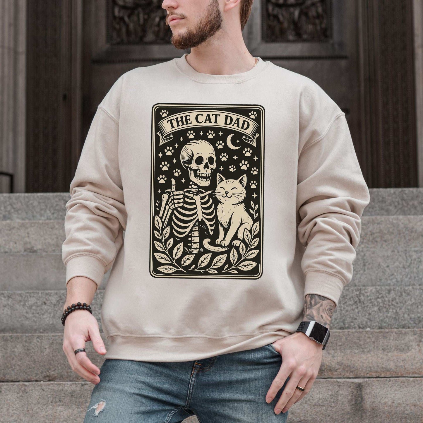 Cat Dad Skeleton Tarot Sweatshirt – Spooky Cute for Cat Lovers