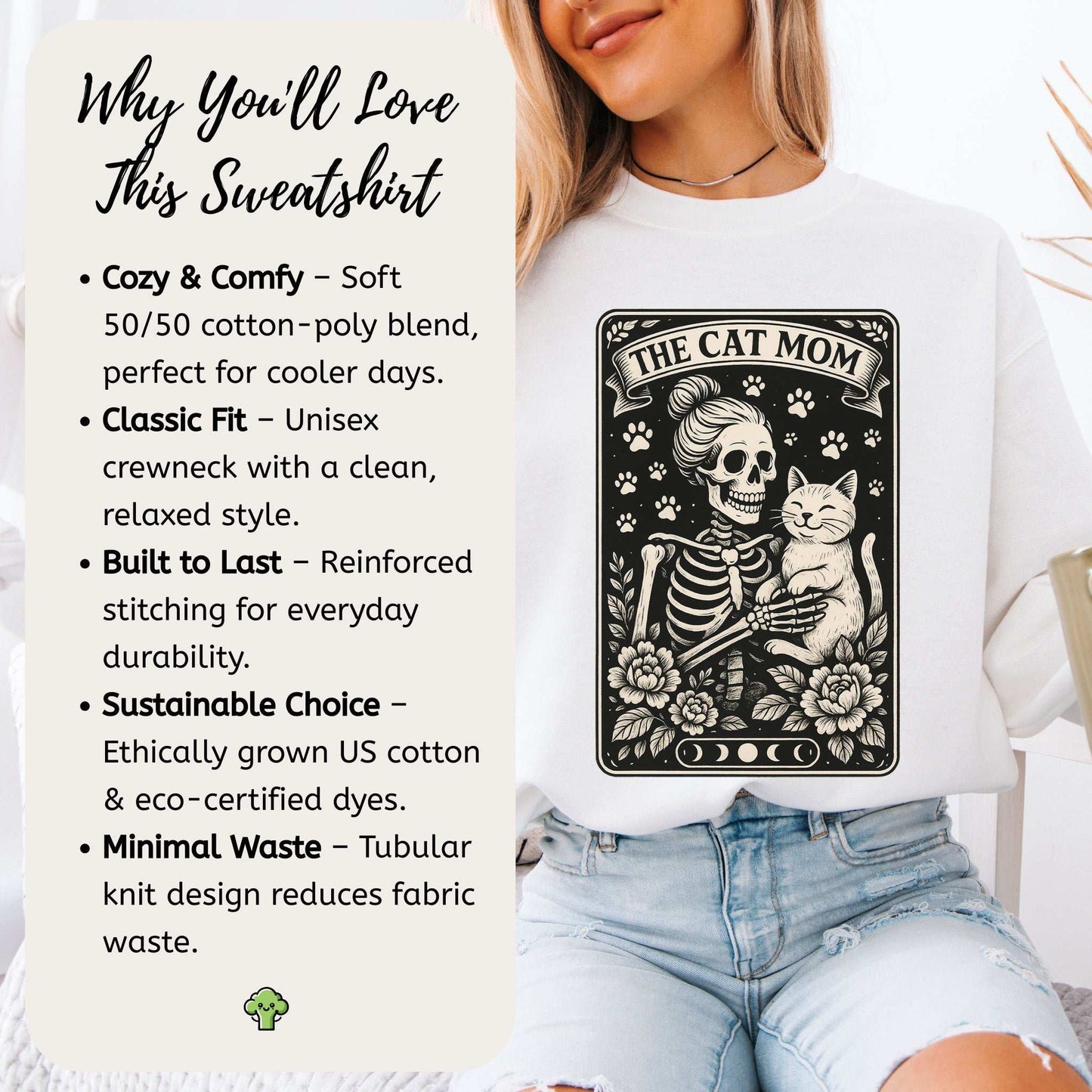 Cat Mom Skeleton Tarot Sweatshirt – Spooky Gothic Style for Cat Lovers