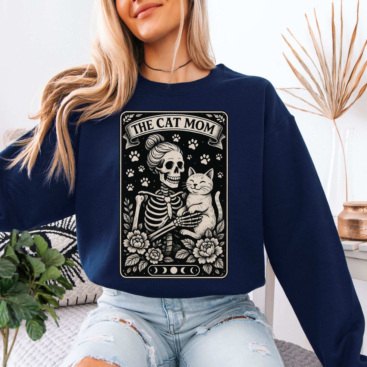 Cat Mom Skeleton Tarot Sweatshirt – Spooky Gothic Style for Cat Lovers