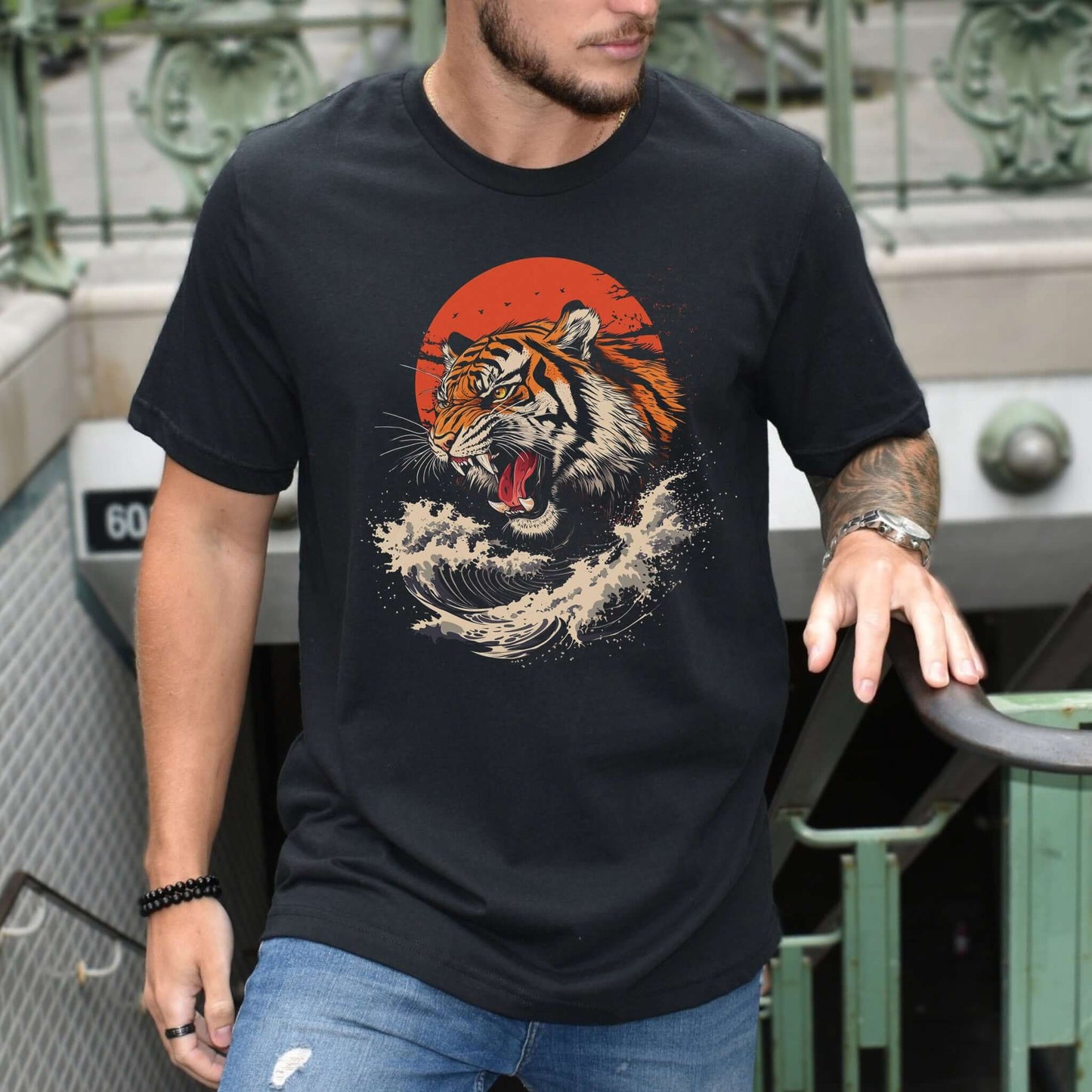 Roaring Tiger Waves T-Shirt – Colorful Japanese Style Animal Shirt