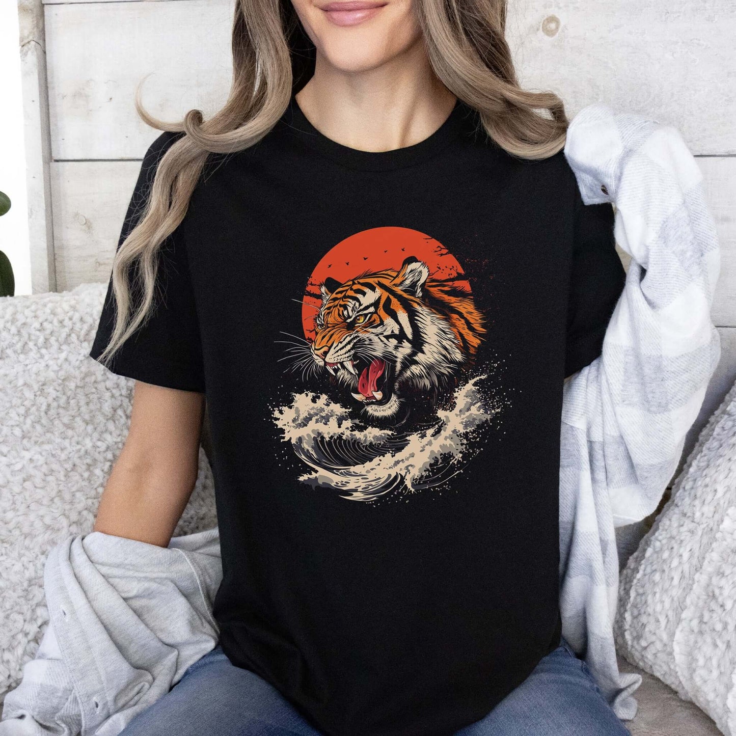 Roaring Tiger Waves T-Shirt – Colorful Japanese Style Animal Shirt