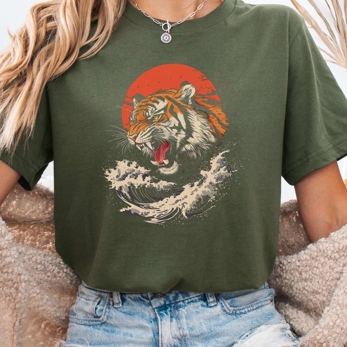 Roaring Tiger Waves T-Shirt – Colorful Japanese Style Animal Shirt