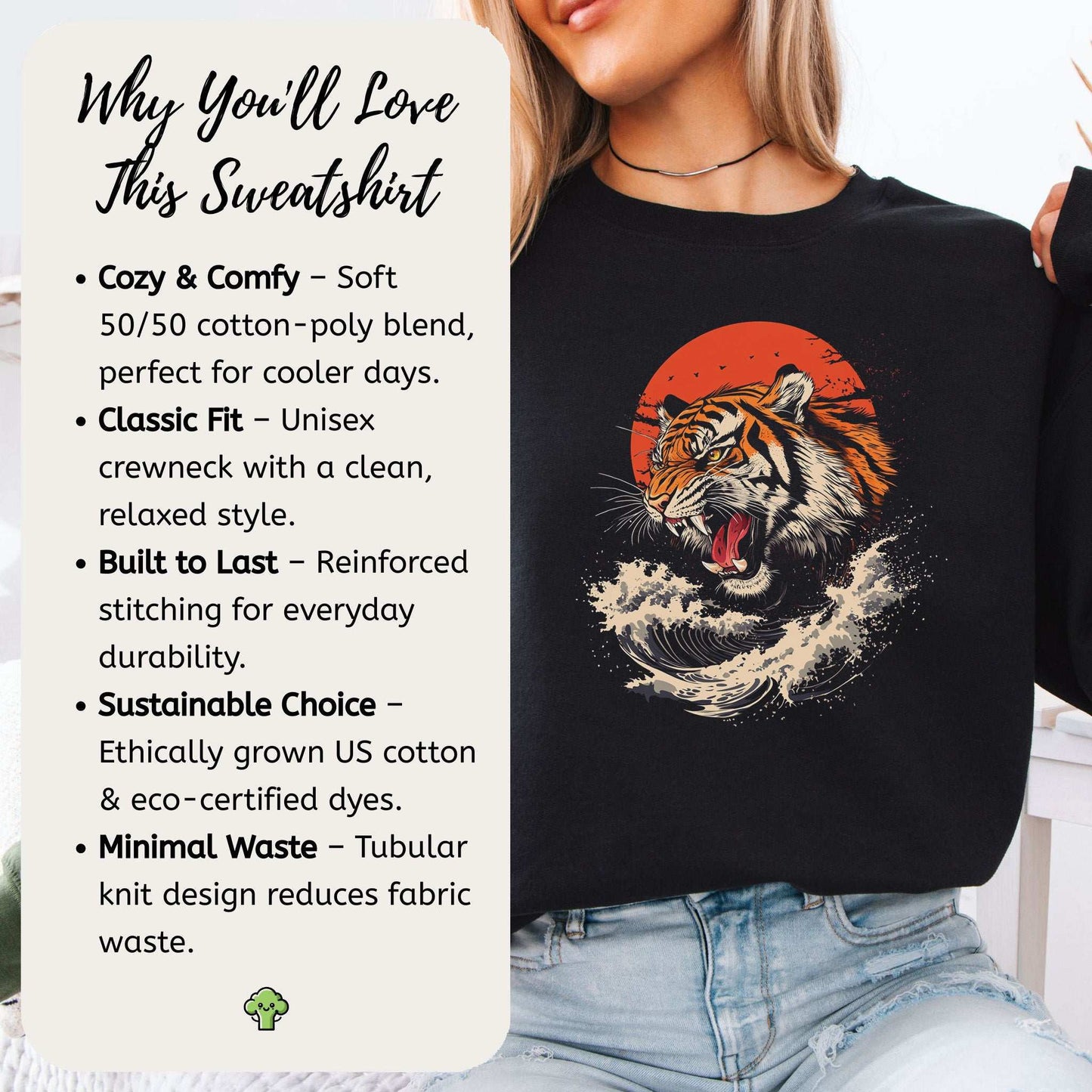 Roaring Tiger Waves Sweatshirt – Colorful Japanese Style Animal Art