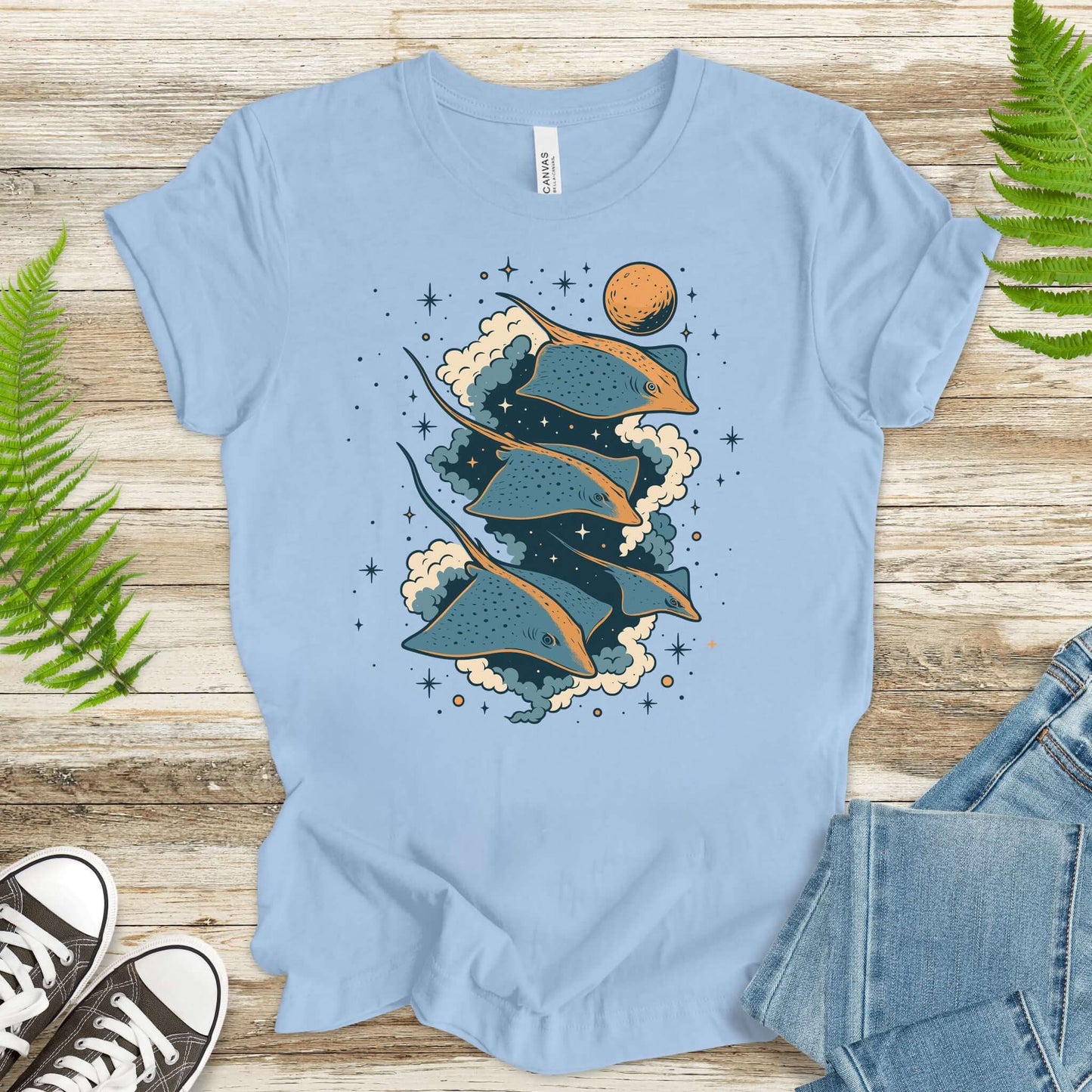 Fantasy t-shirt featuring flying trigons cruising through the cosmos, perfect for fantasy lovers.
