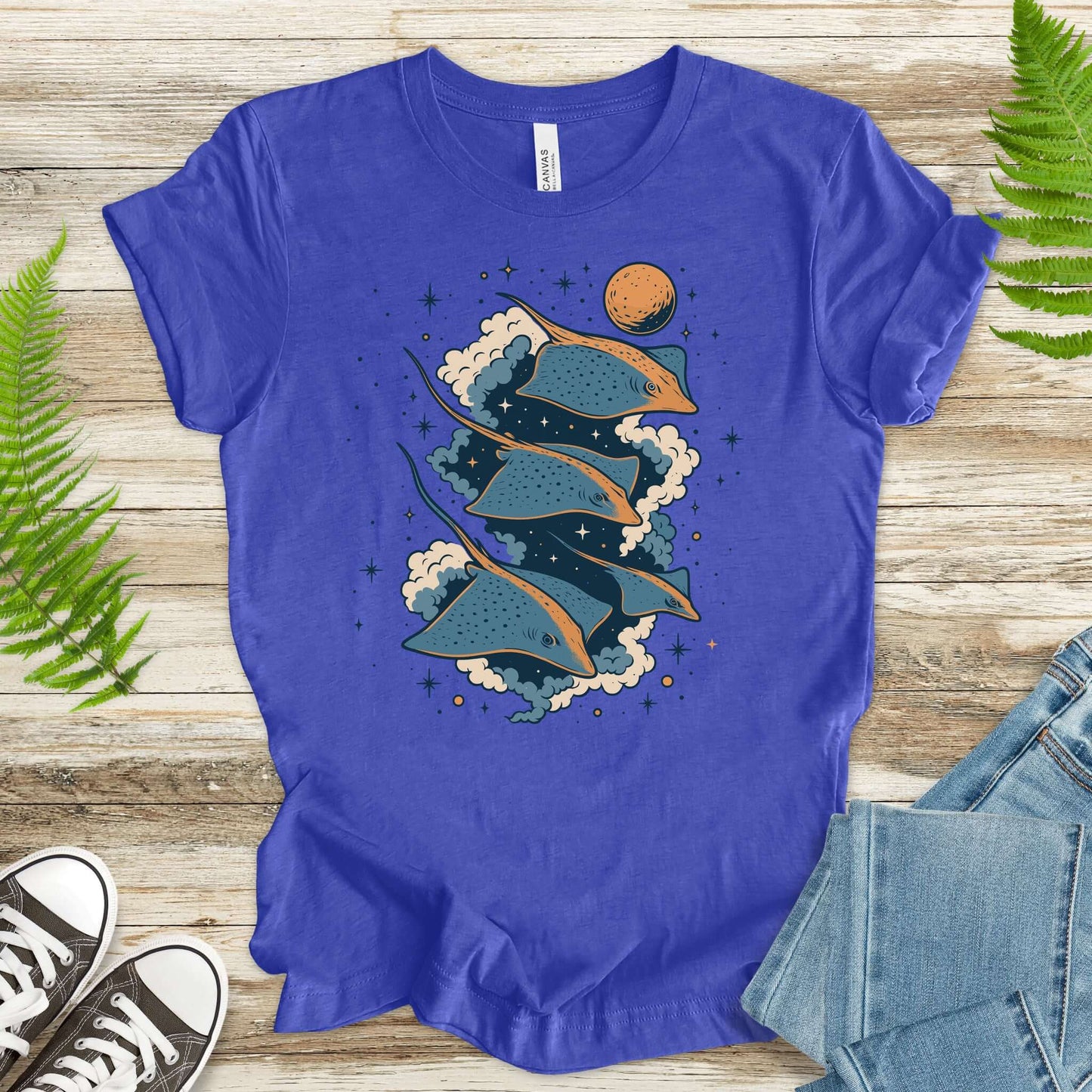Fantasy T-shirt featuring flying trigons in a cosmic scene, perfect for fantasy lovers and dreamers.