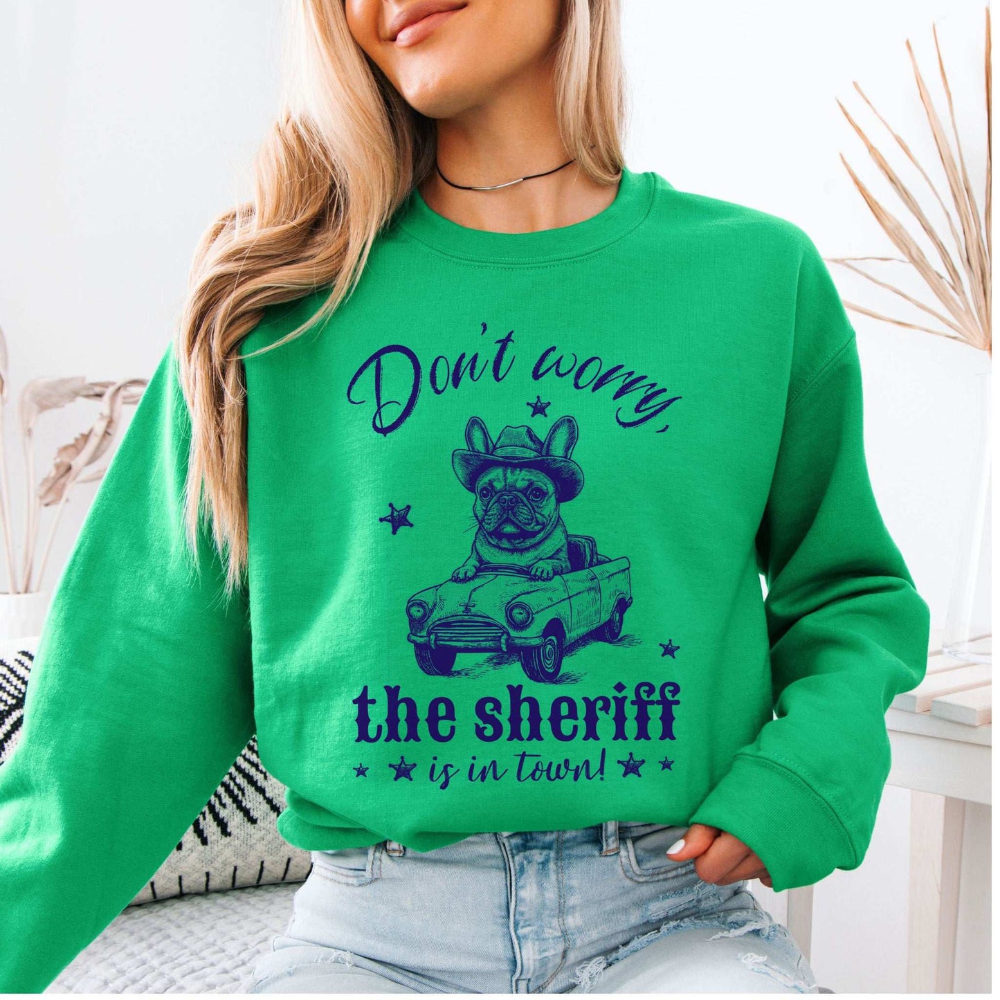 Bulldog Sheriff Sweatshirt – Funny Retro Dog Driving Tiny Car