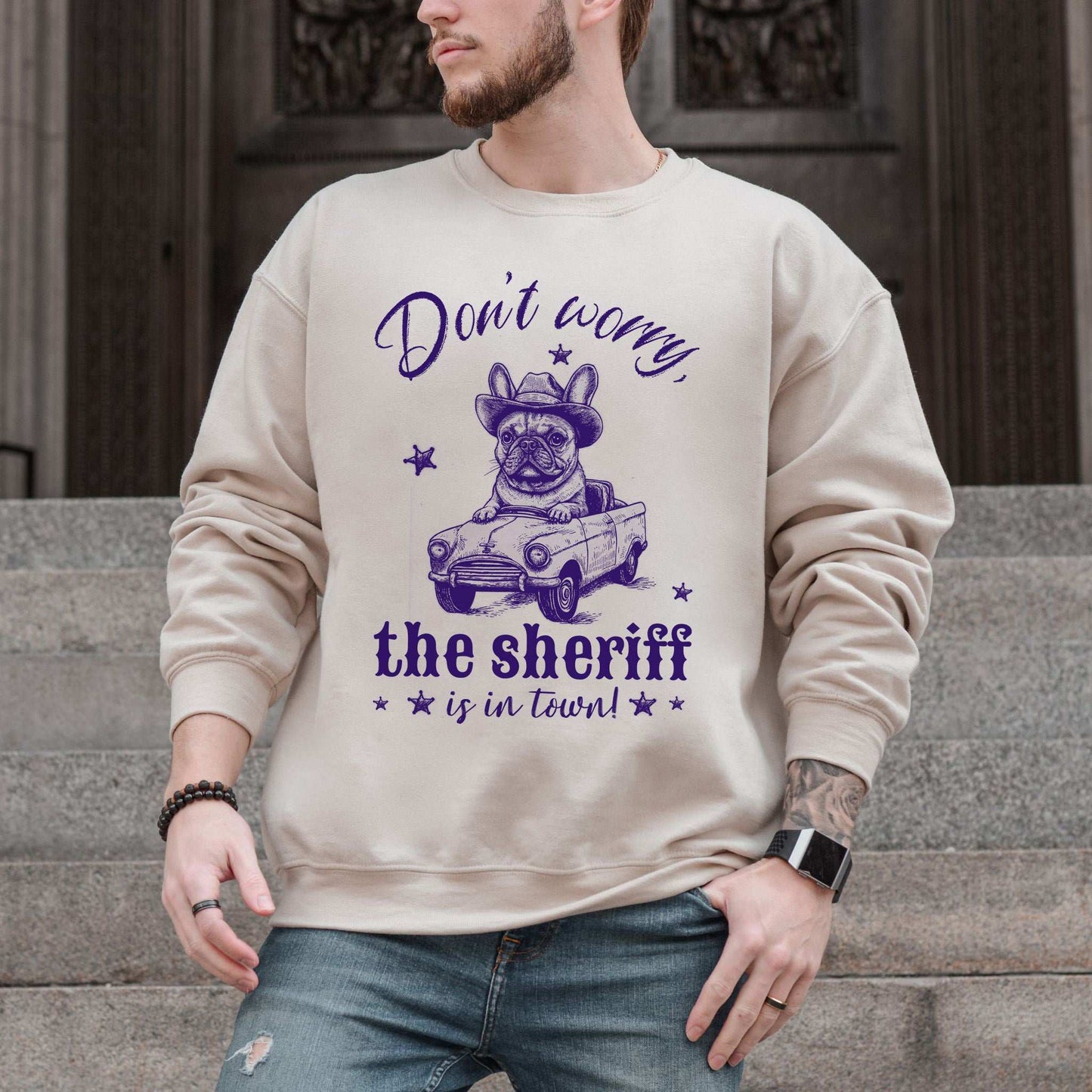Bulldog Sheriff Sweatshirt – Funny Retro Dog Driving Tiny Car