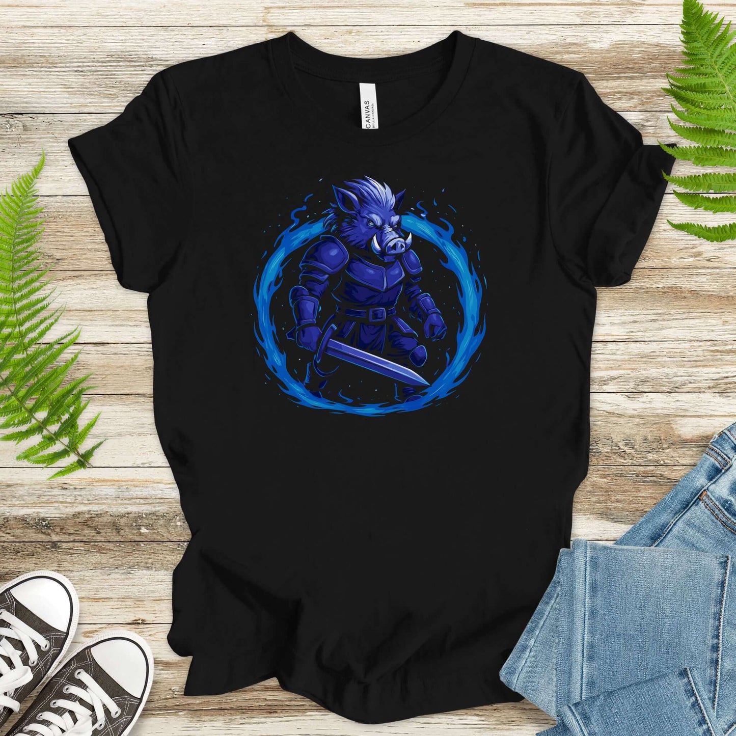 Coldfire Warthog Warrior fantasy t-shirt featuring a blue warthog in armor, surrounded by icy fire.