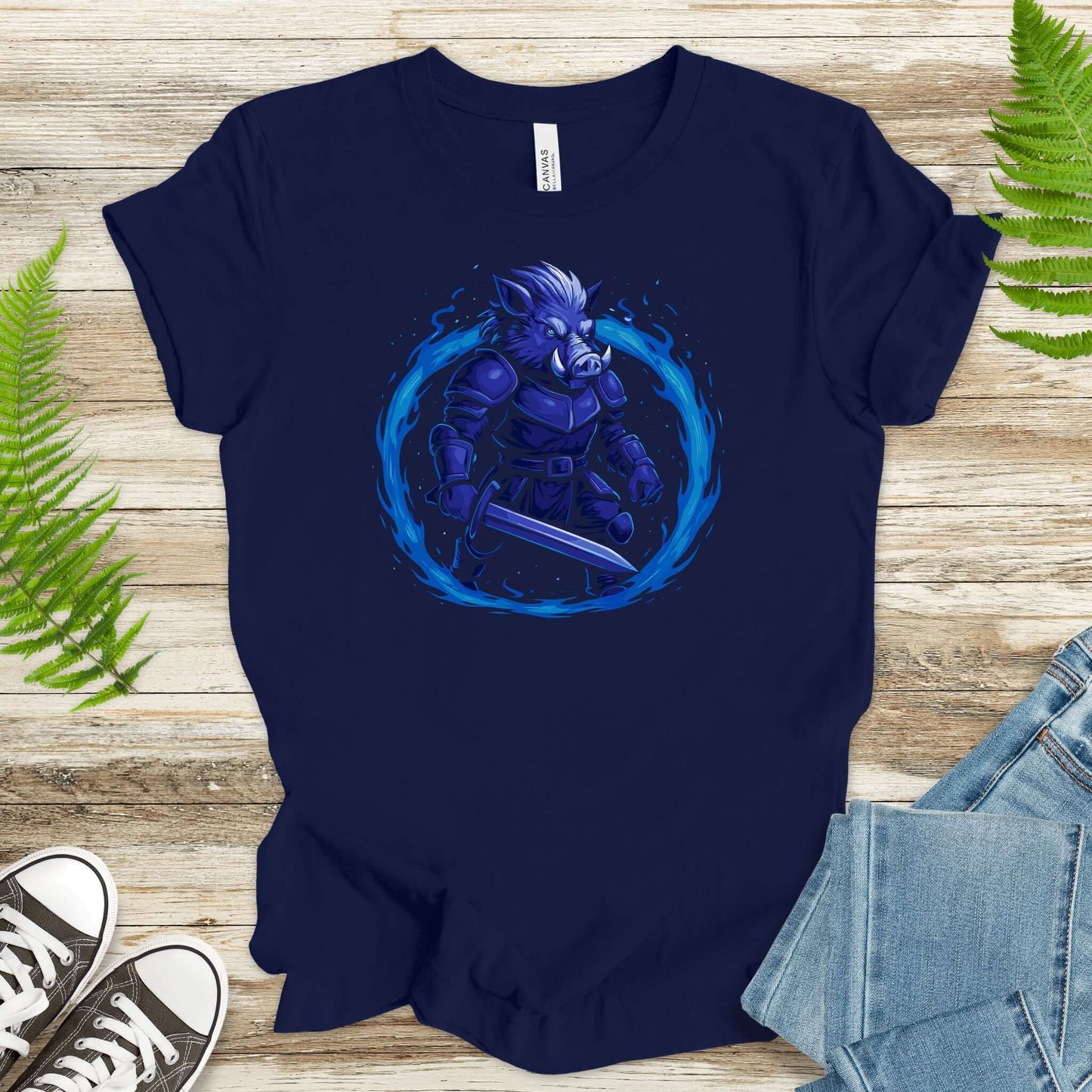 ColdFire Warthog Warrior fantasy t-shirt featuring a tusked beast in blue fire, perfect for DnD and RPG fans.