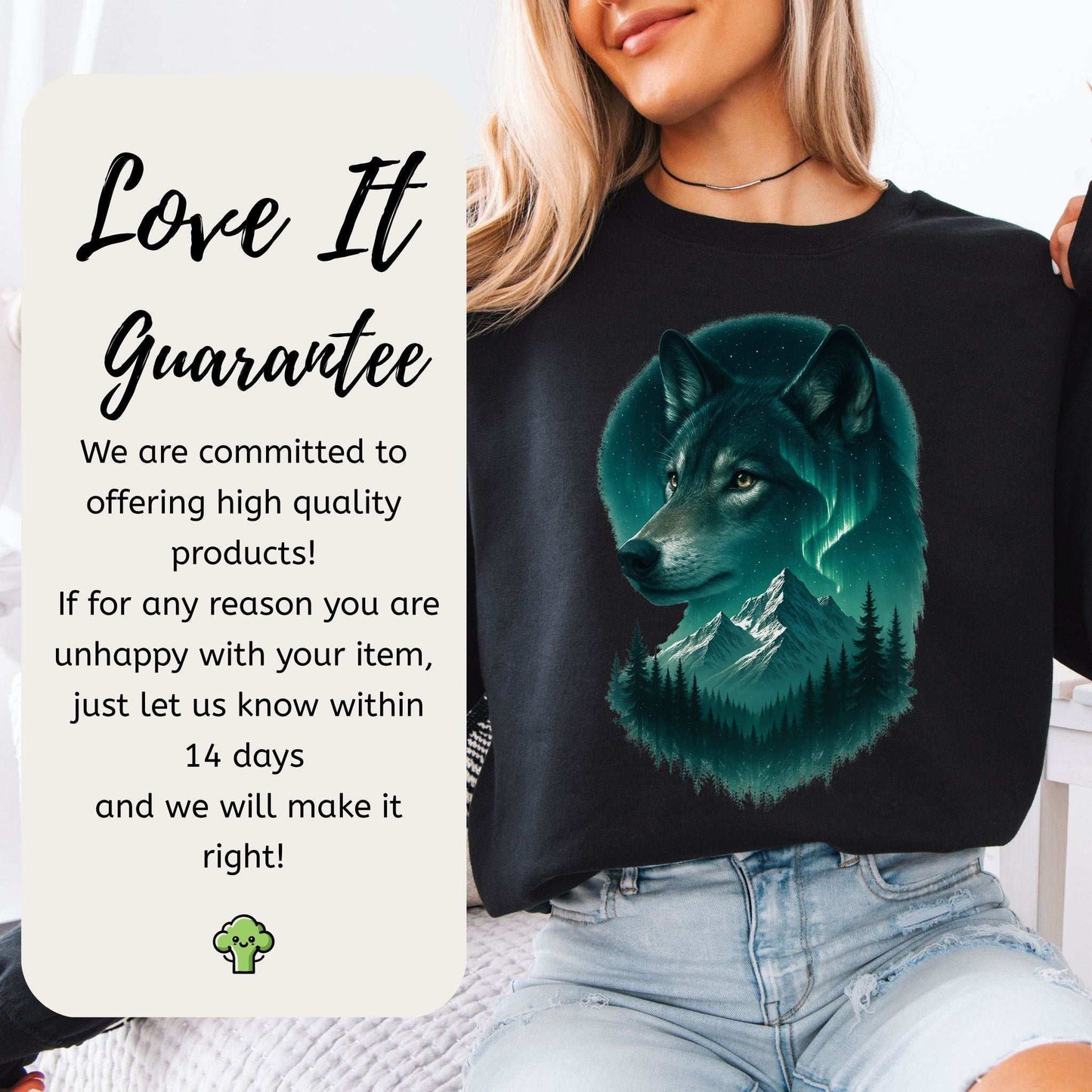Wolf and Northern Lights Sweatshirt – Spirit Animal in Night Forest & Mountain Scene