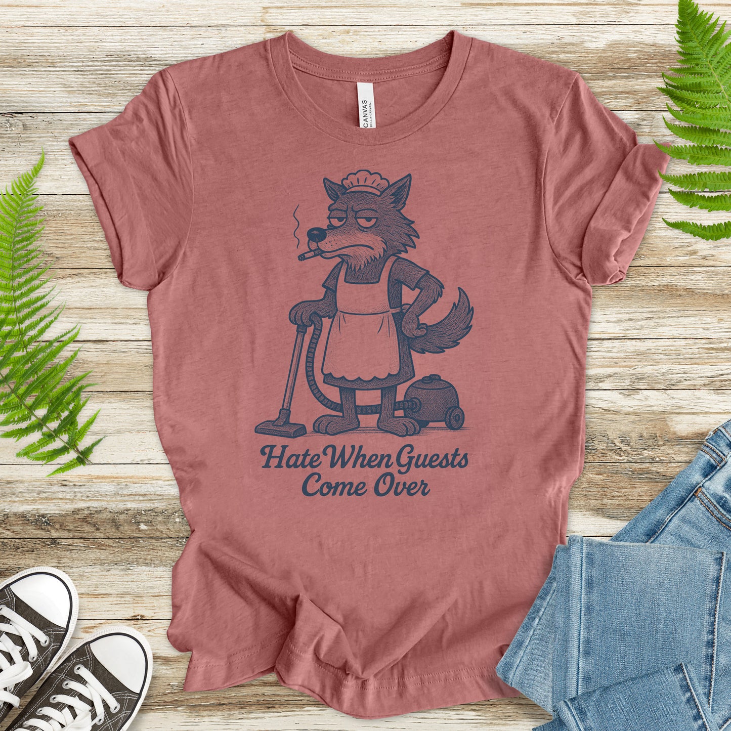 Funny Wolf Maid T-Shirt – “Hate When Guests Come Over” Retro Cleaning Humor Tee