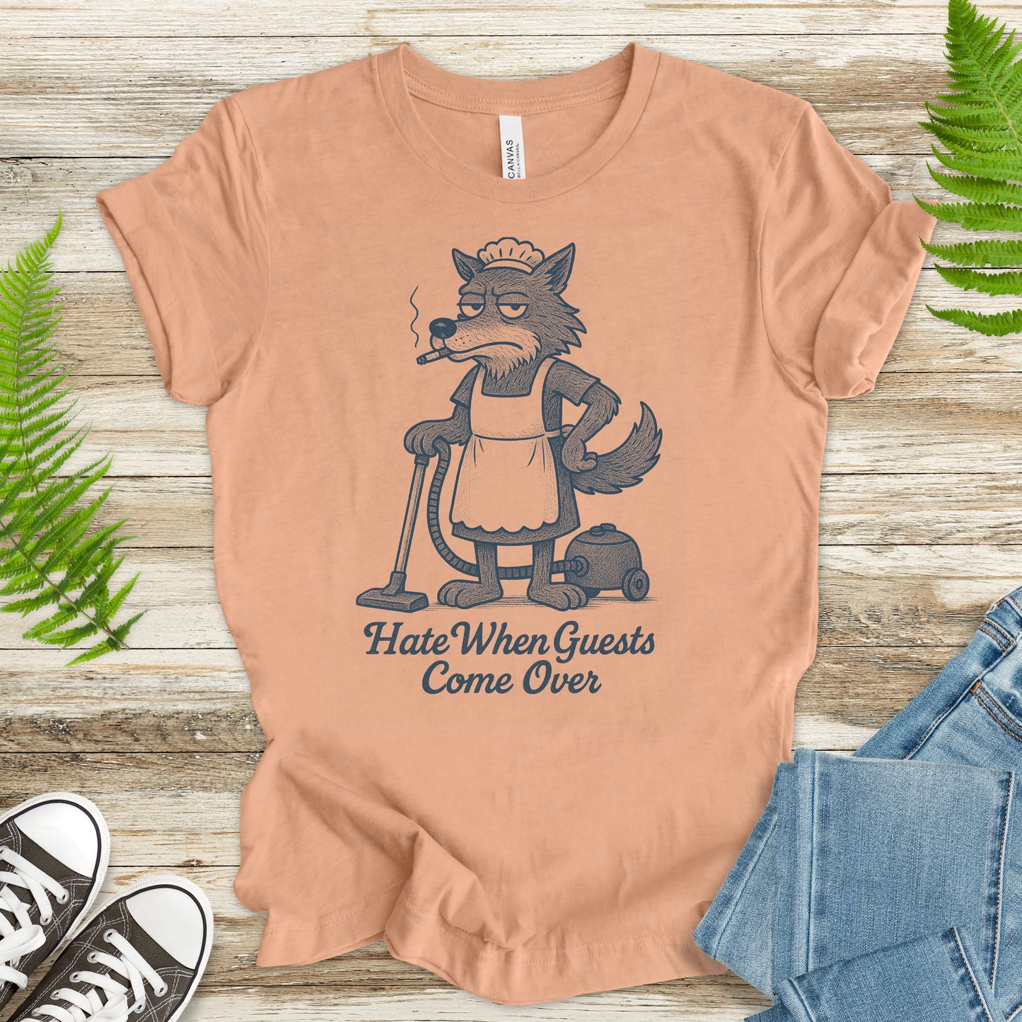 Funny Wolf Maid T-Shirt – “Hate When Guests Come Over” Retro Cleaning Humor Tee