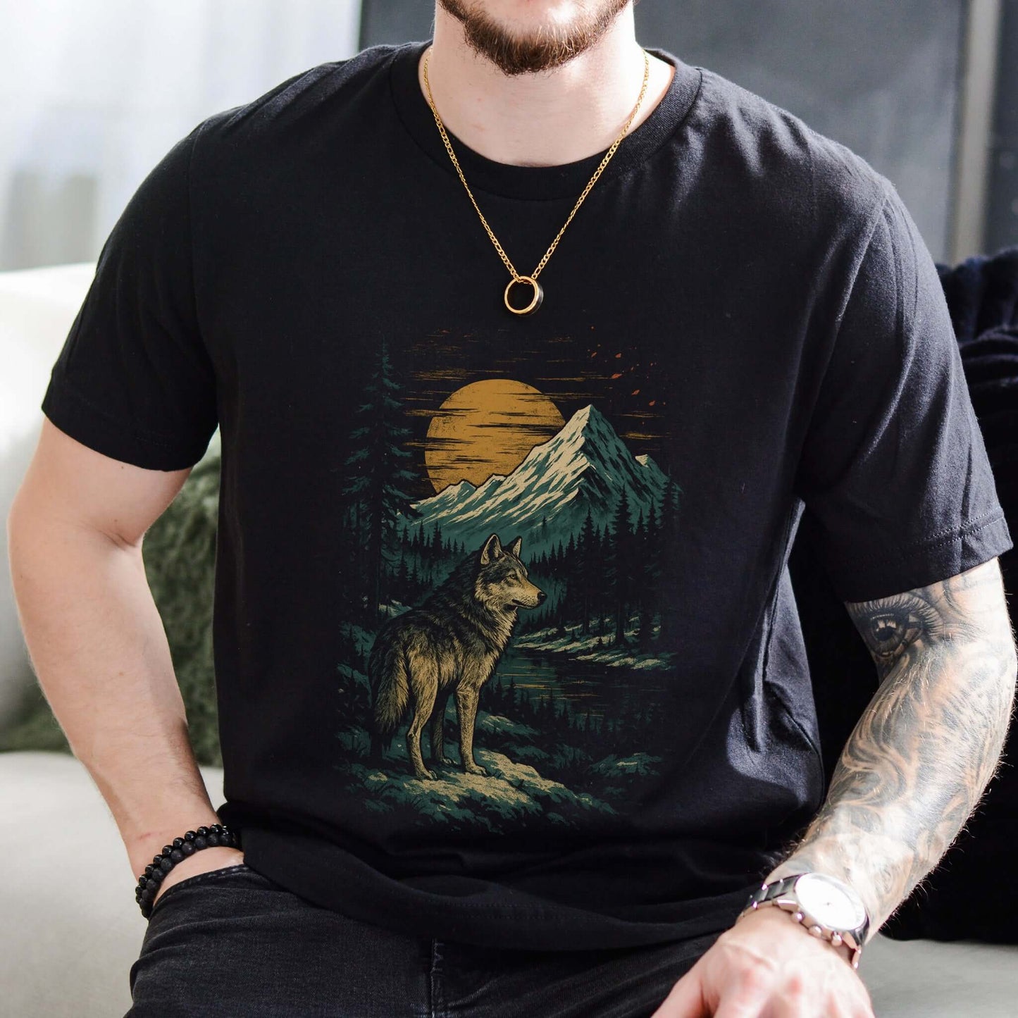 Spirit Wolf at Sunset T-Shirt – Japanese Style Mountain Landscape Tee