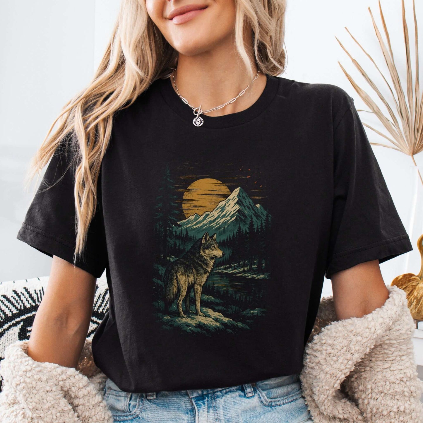 Spirit Wolf at Sunset T-Shirt – Japanese Style Mountain Landscape Tee